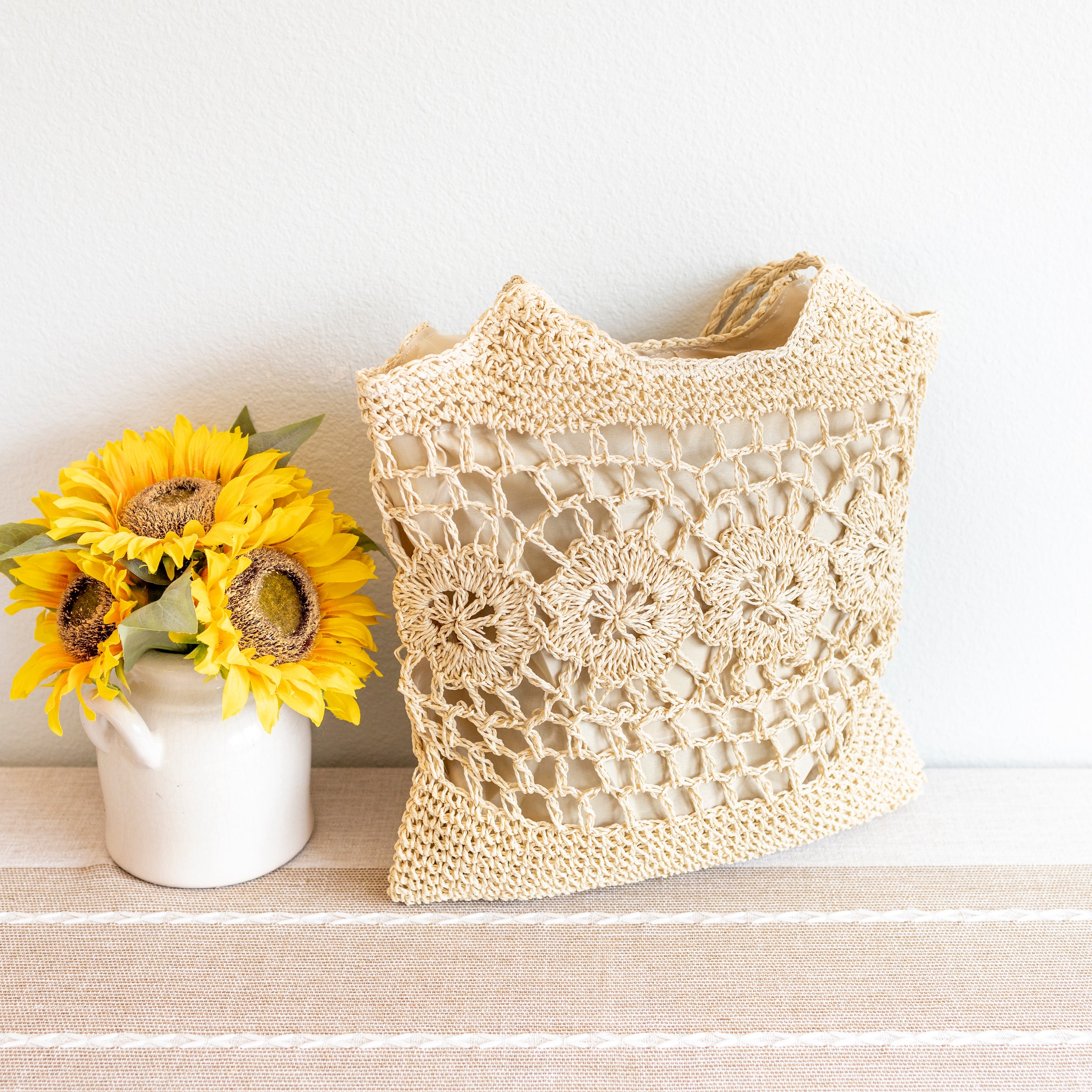 Elena Handbags Straw Woven Summer Fashion Bag with Floral Designs