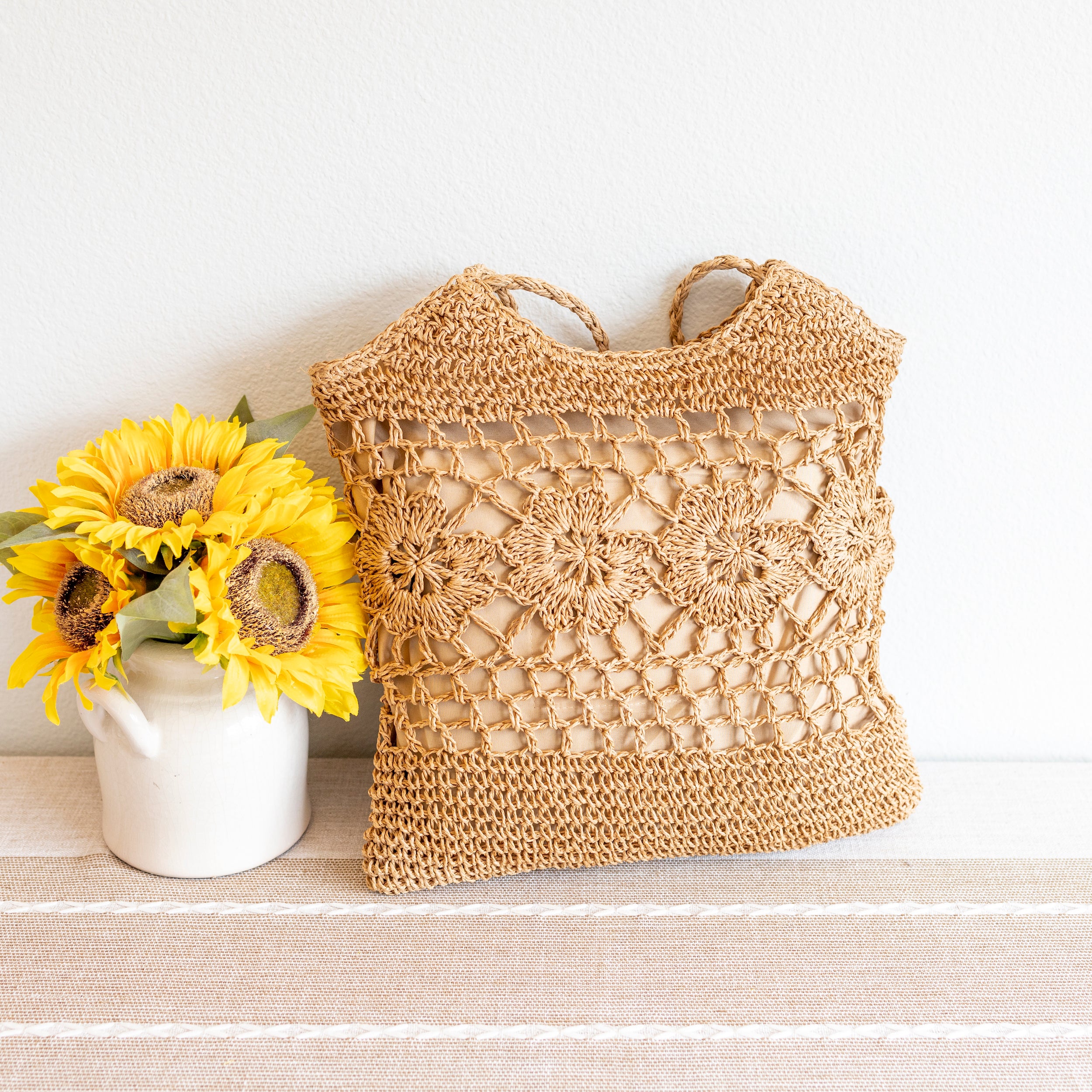 Elena Handbags Straw Woven Summer Fashion Bag with Floral Designs