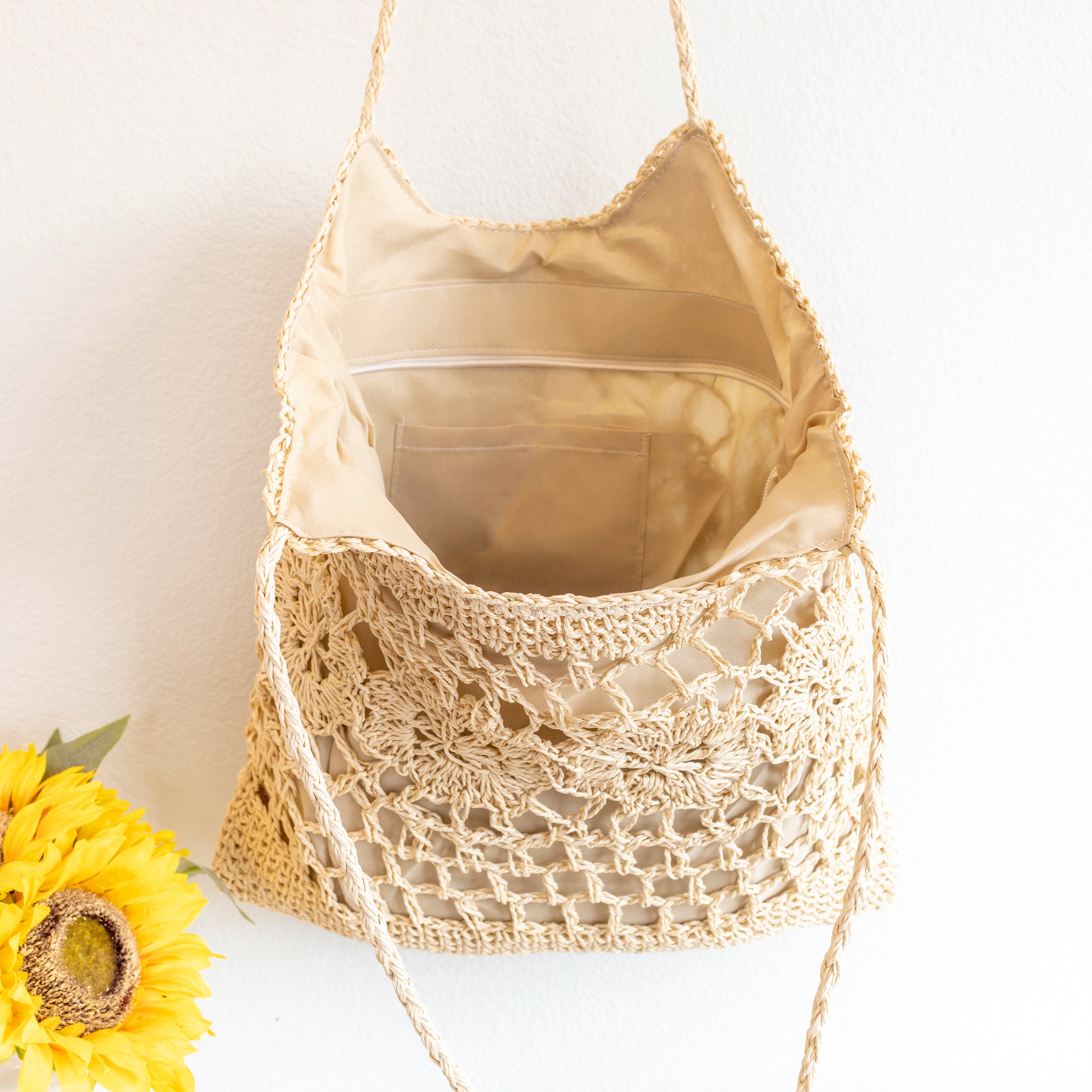 Elena Handbags Straw Woven Summer Fashion Bag with Floral Designs