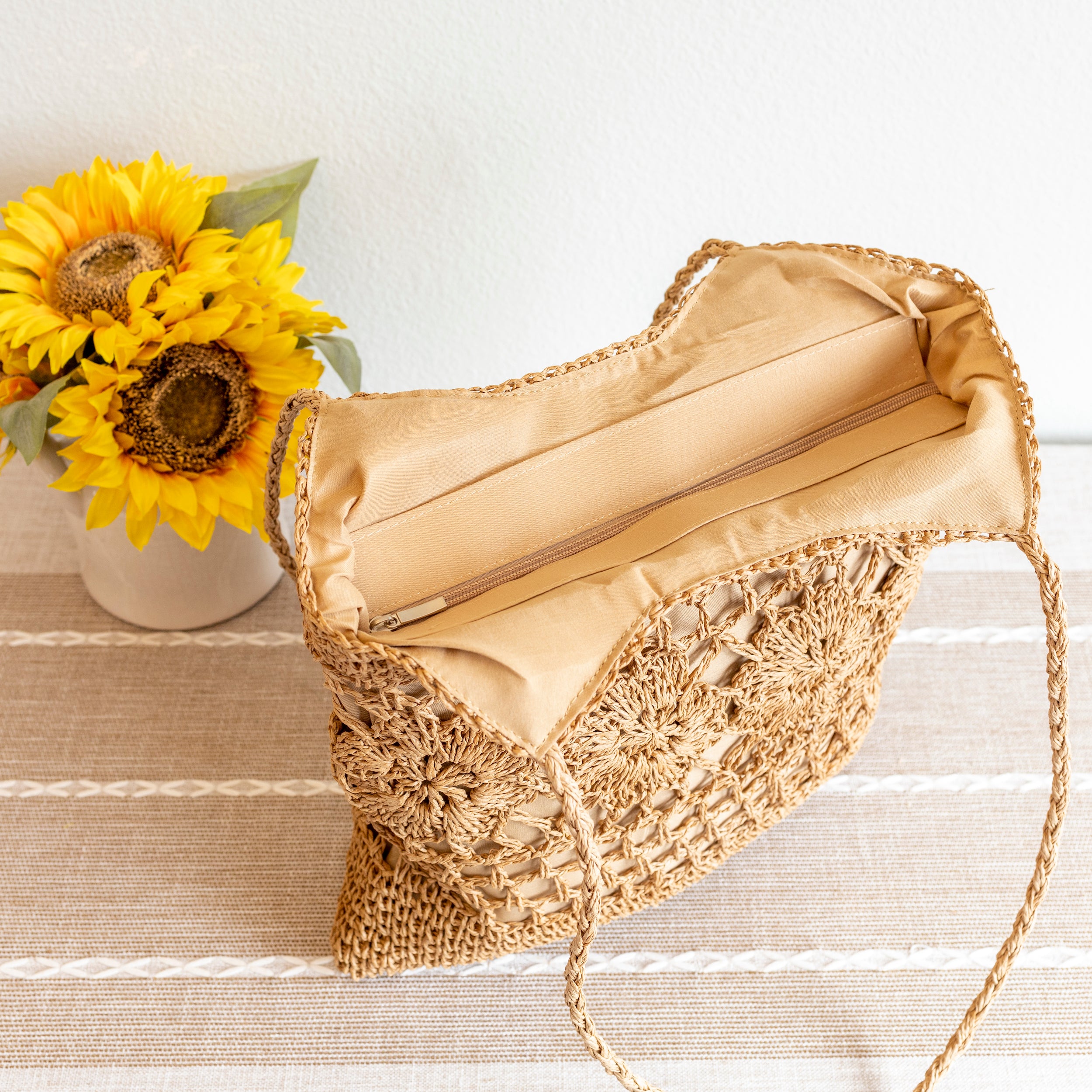 Elena Handbags Straw Woven Summer Fashion Bag with Floral Designs