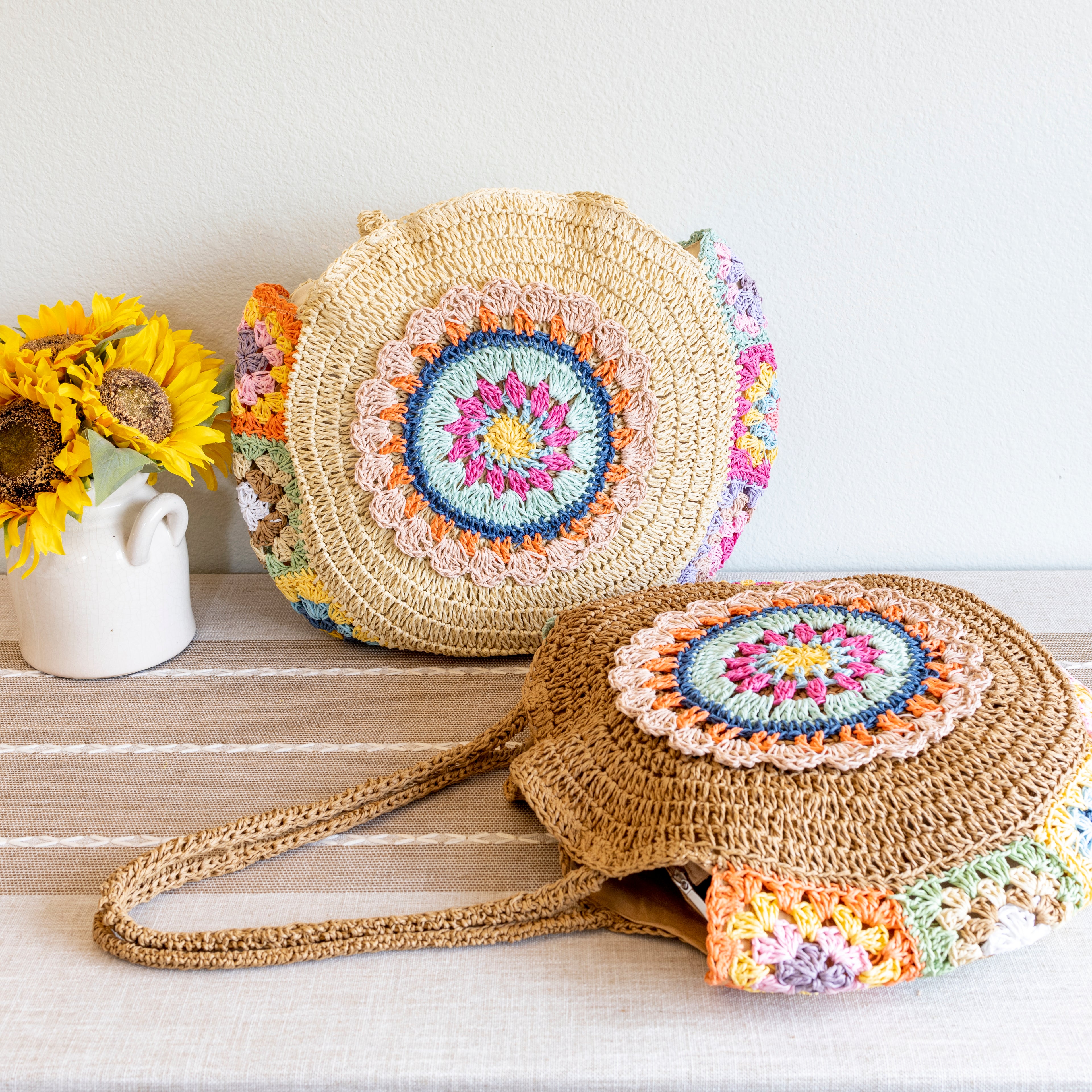 Boho Round Beach Straw Tote