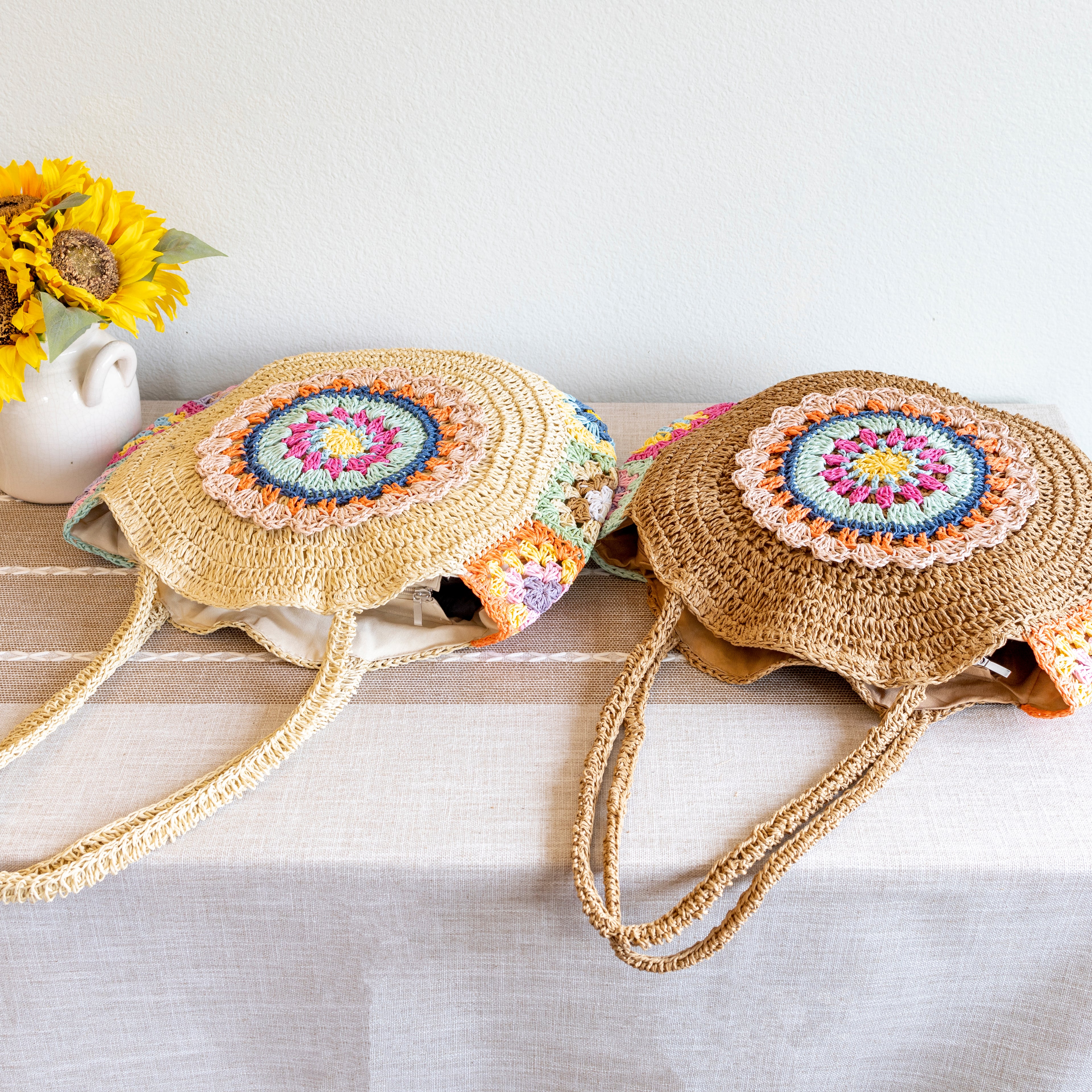 Boho Round Beach Straw Tote