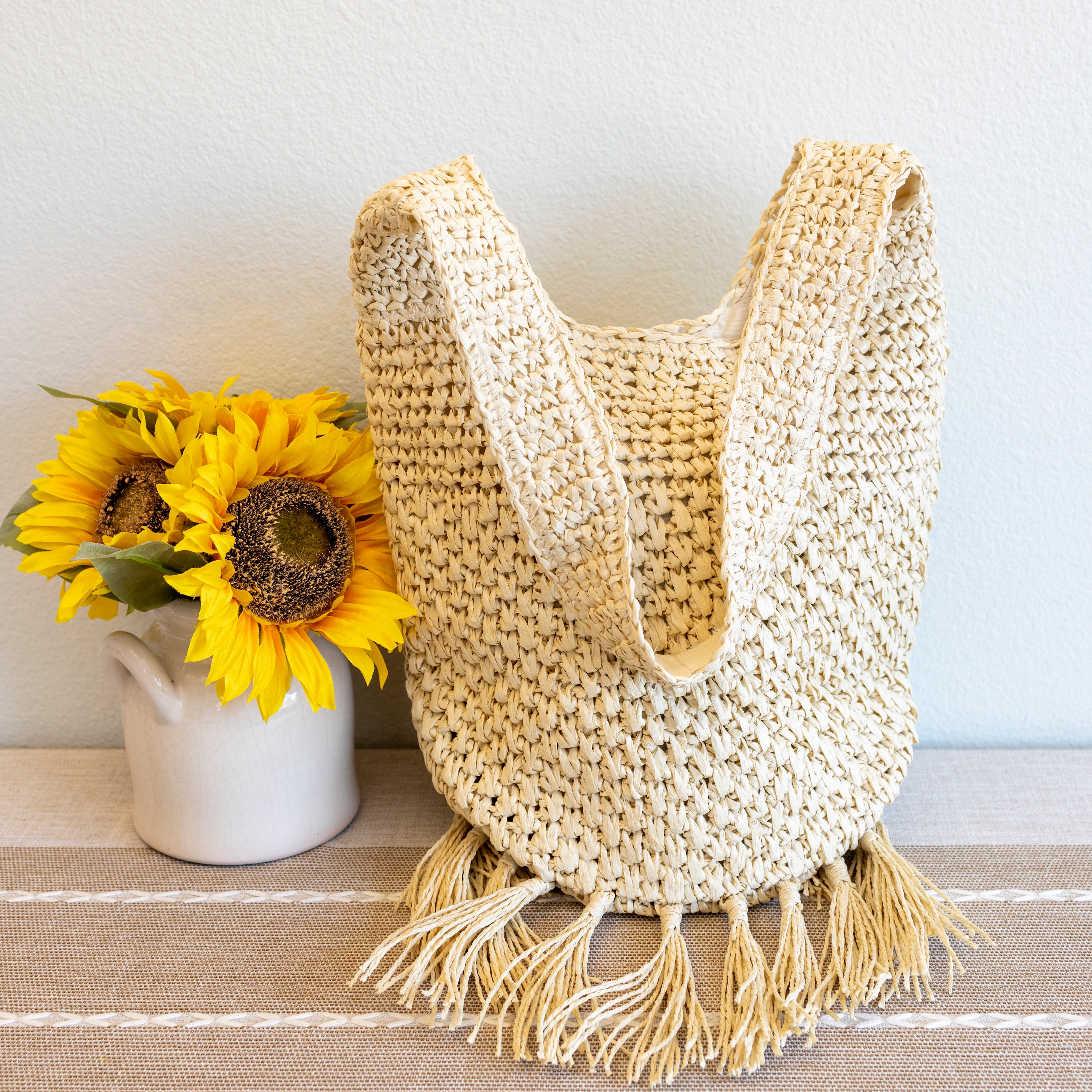 Large Straw Woven Shoulder Bag with Tassel