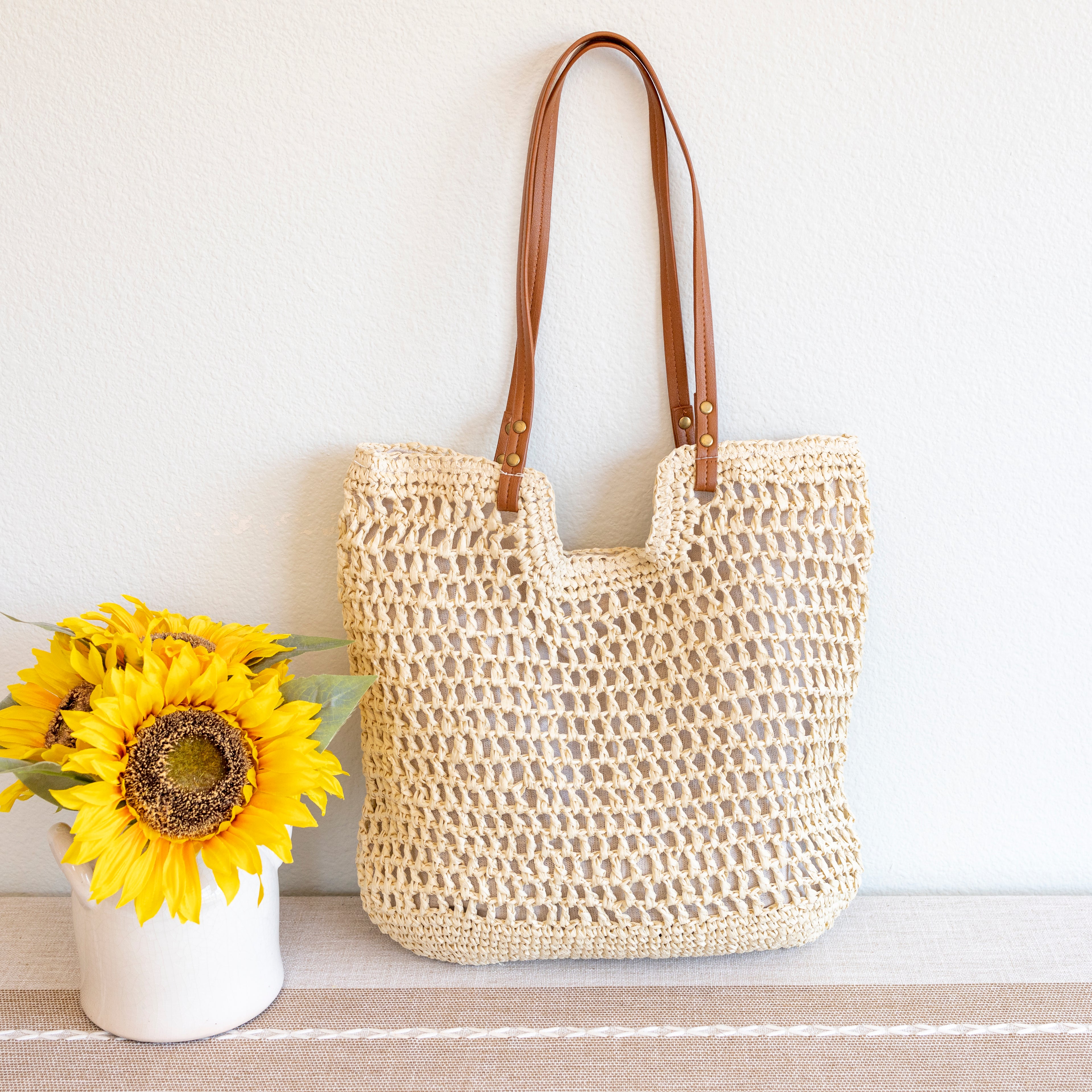 Lightweight Straw Woven Square Tote Bag