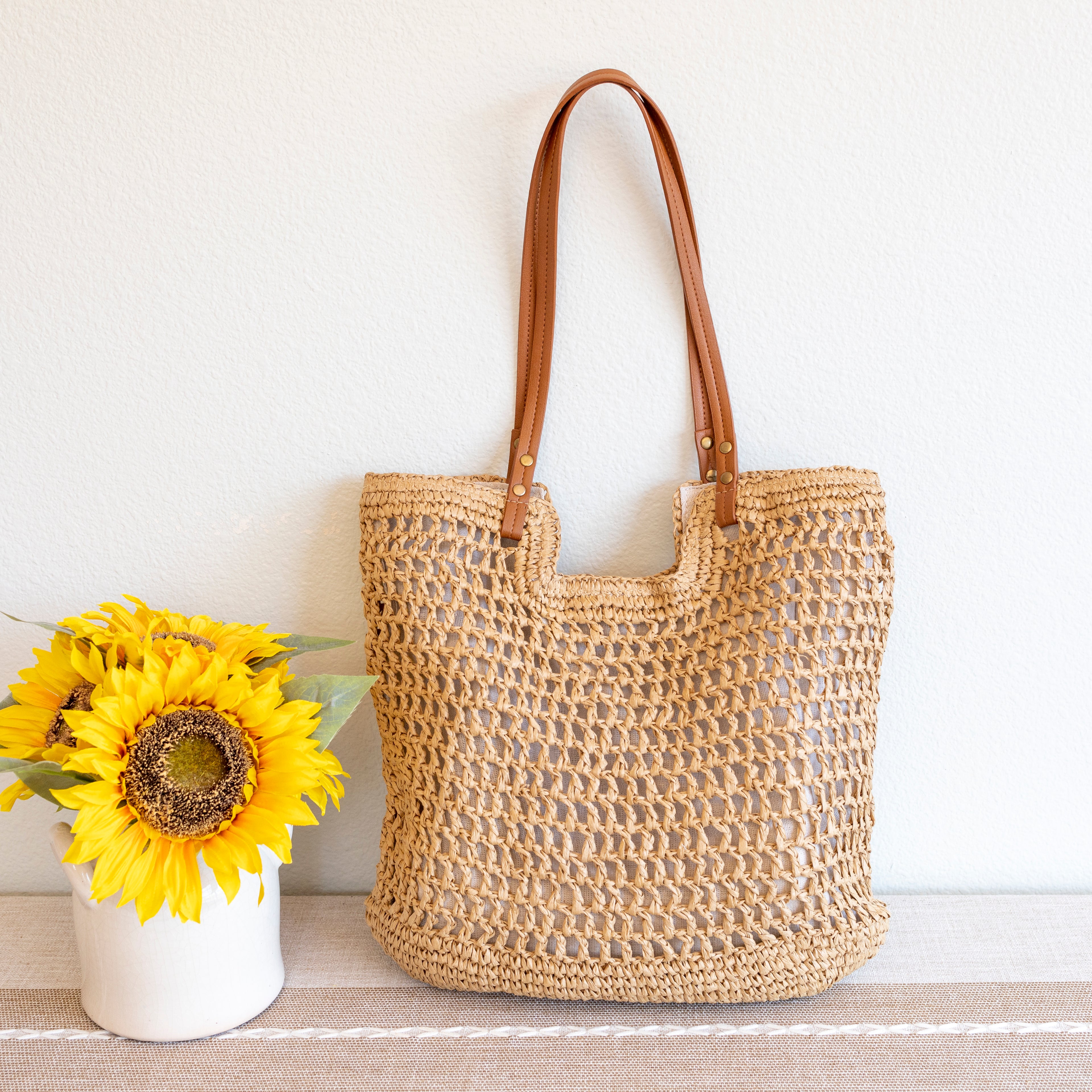 Lightweight Straw Woven Square Tote Bag