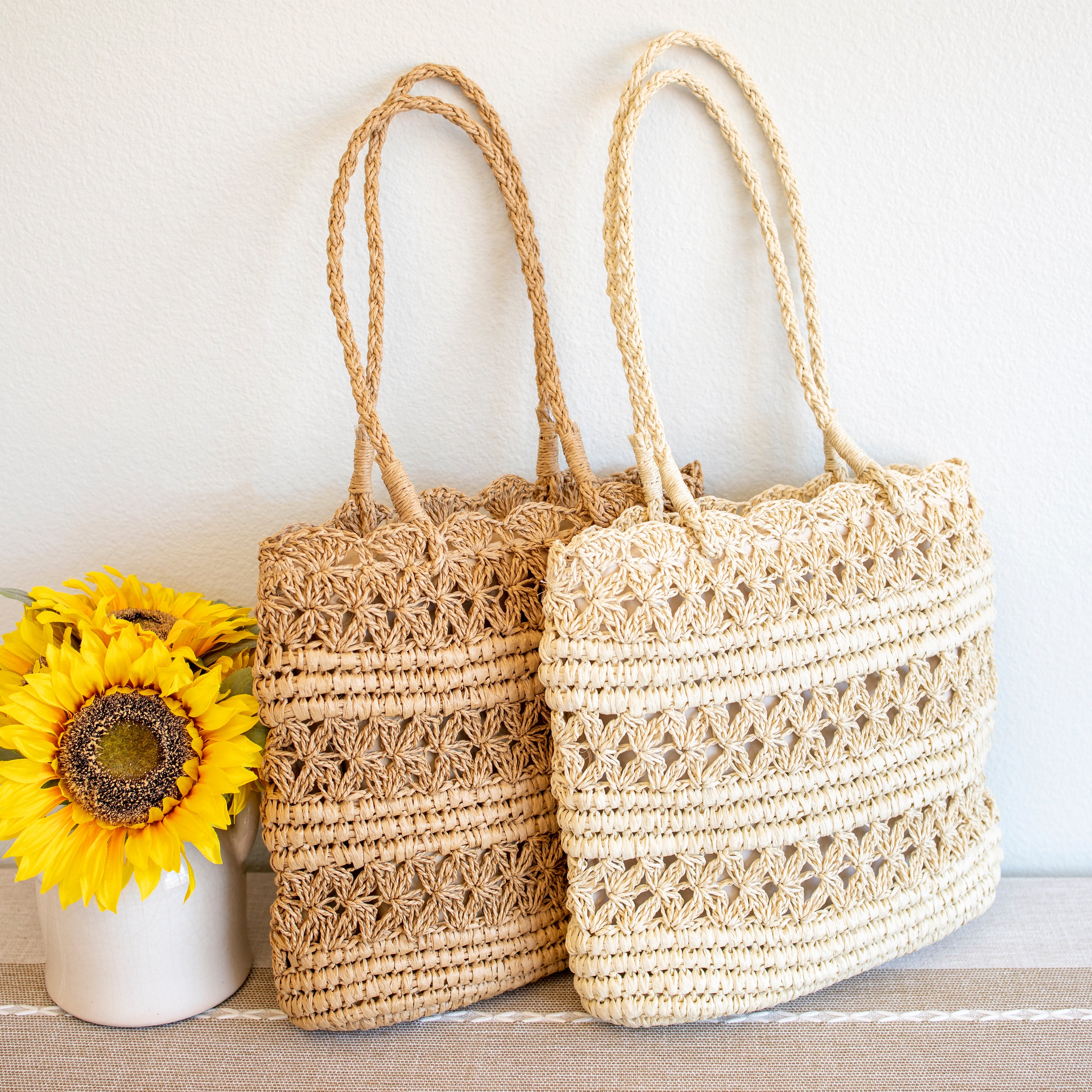 Long Handle Floral Design Straw Beach Tote
