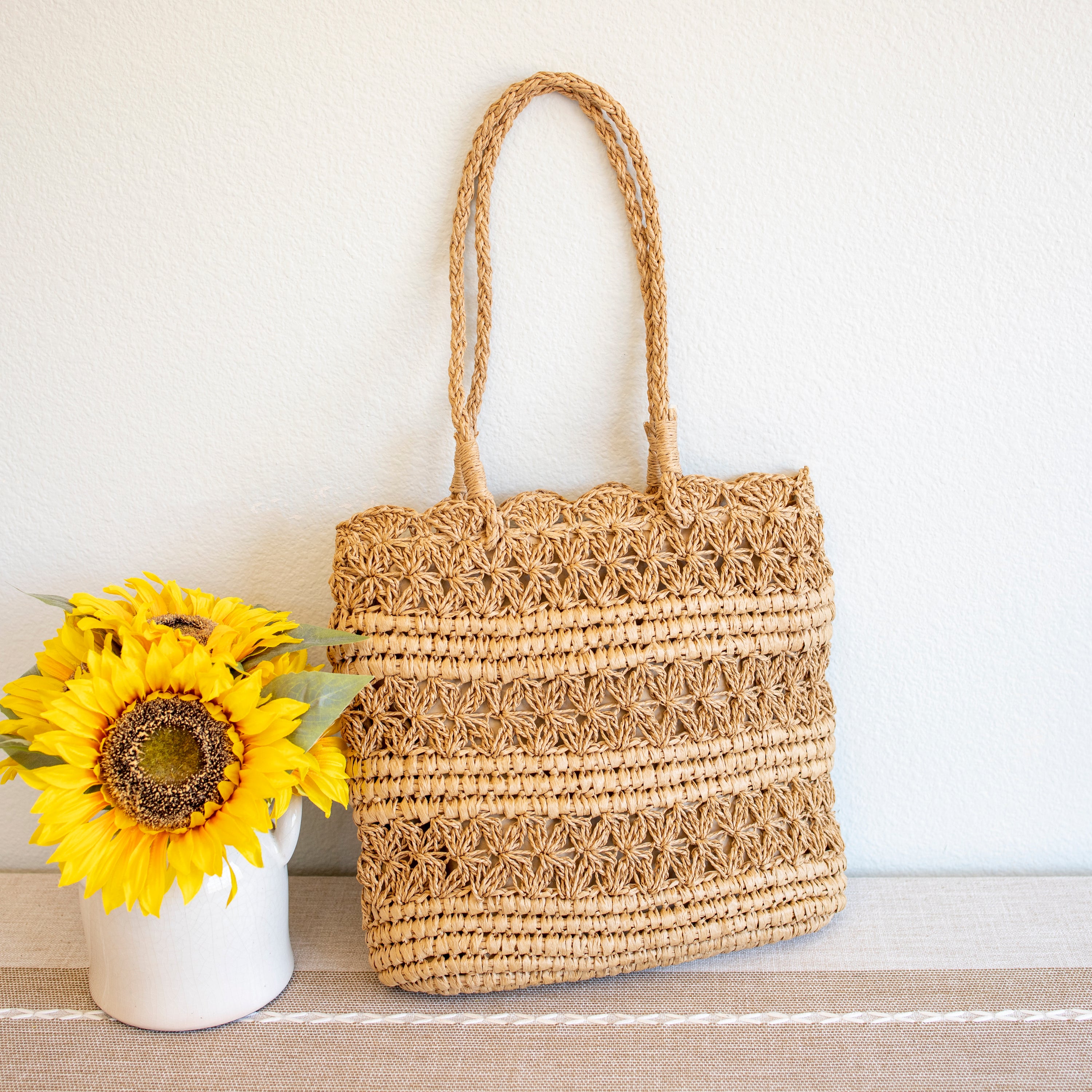 Long Handle Floral Design Straw Beach Tote