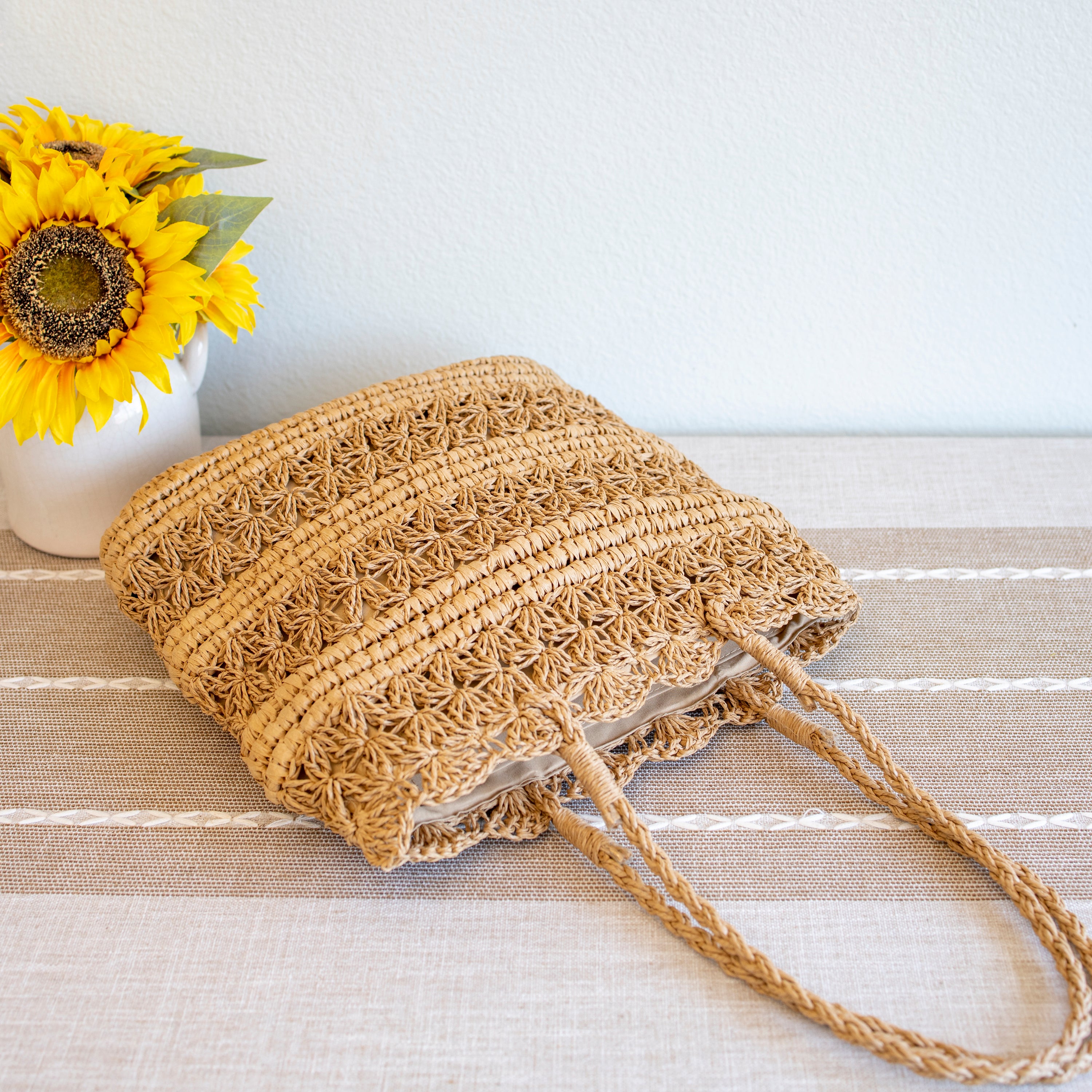 Long Handle Floral Design Straw Beach Tote