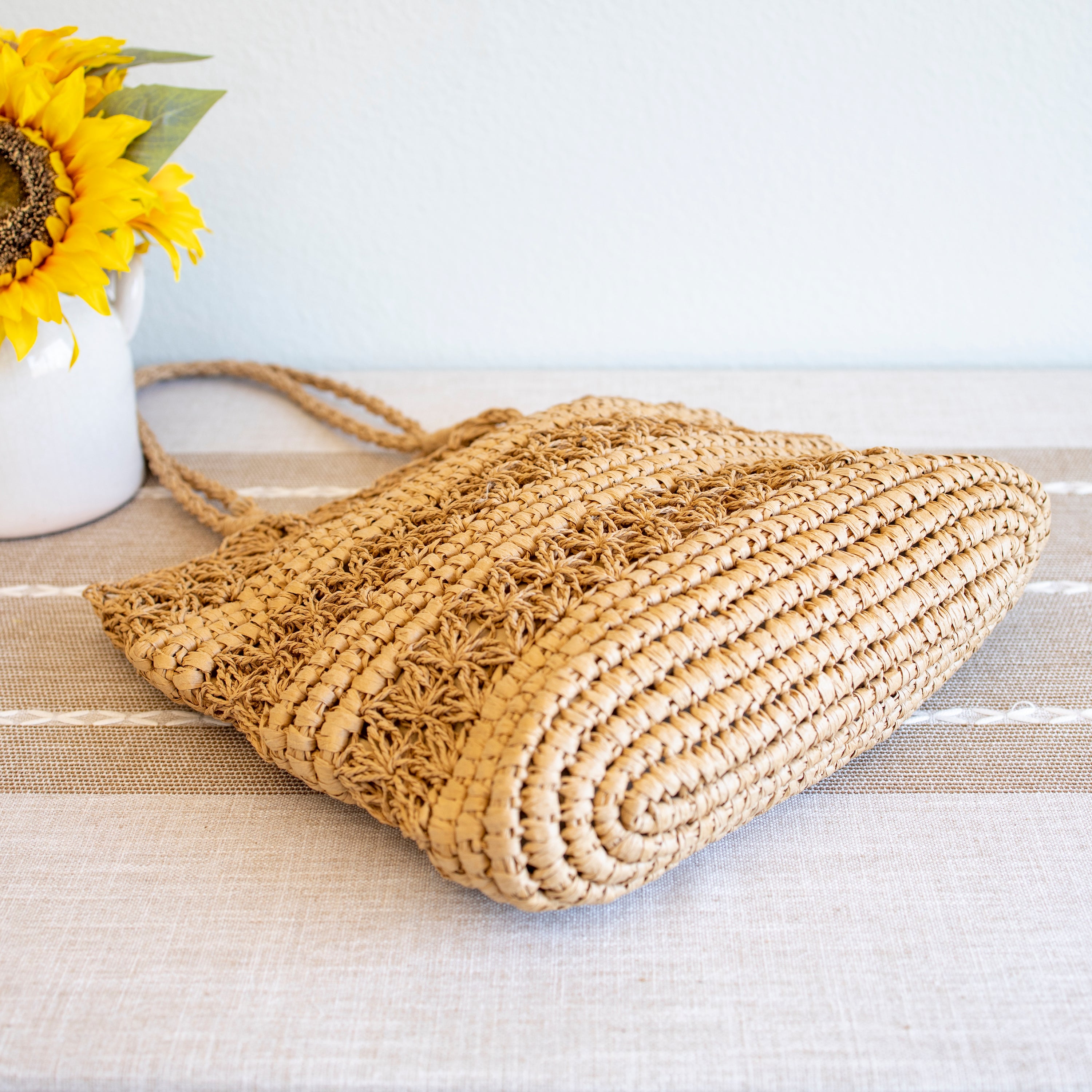Long Handle Floral Design Straw Beach Tote