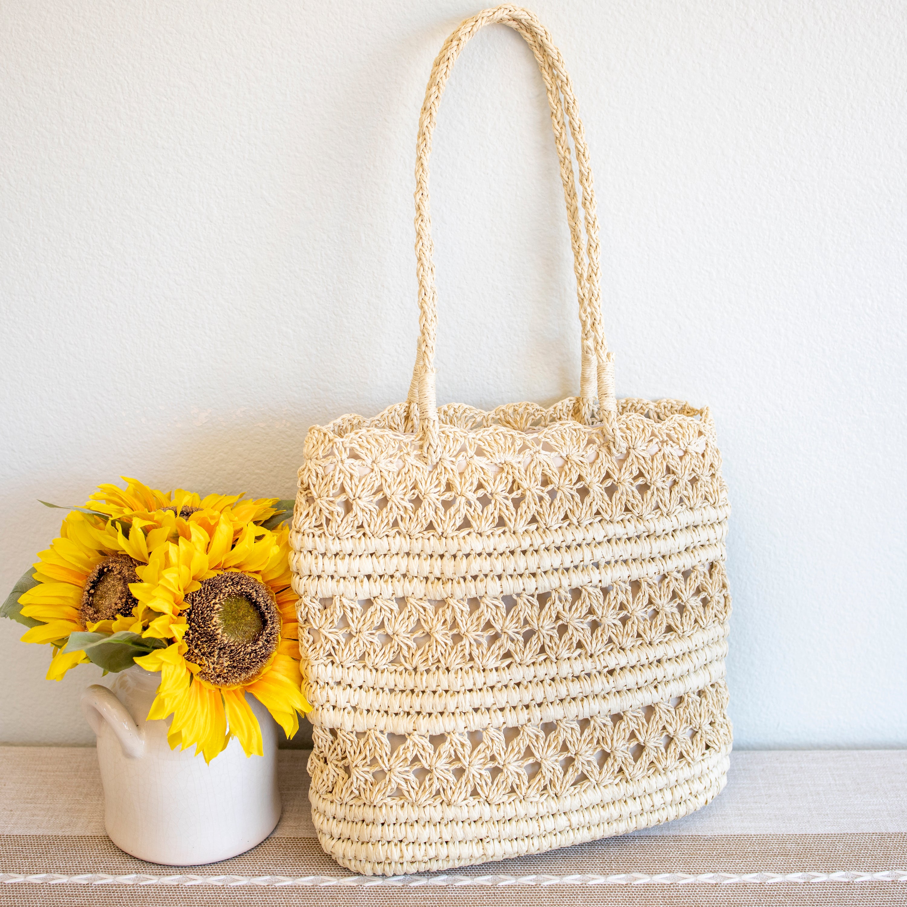 Long Handle Floral Design Straw Beach Tote