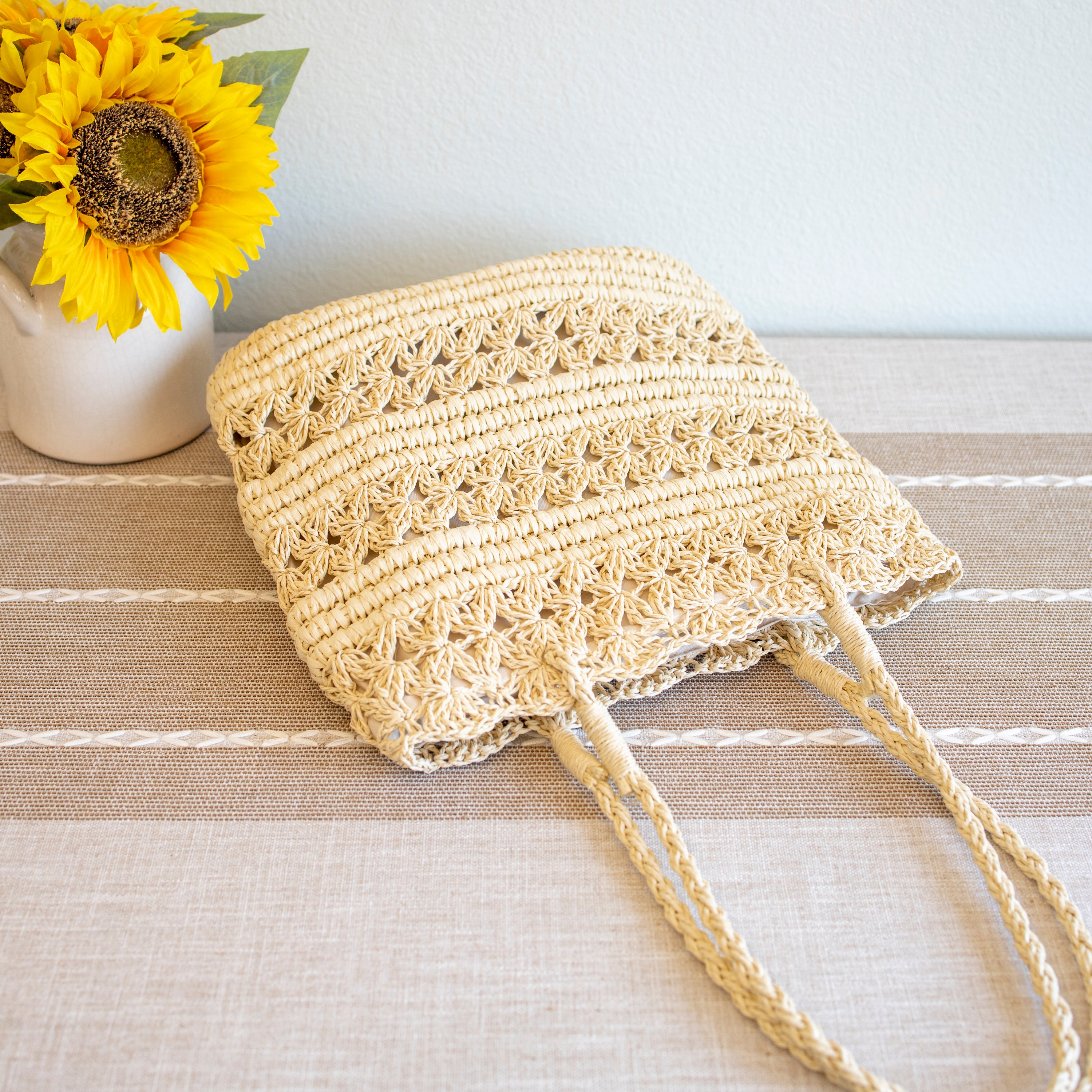 Long Handle Floral Design Straw Beach Tote