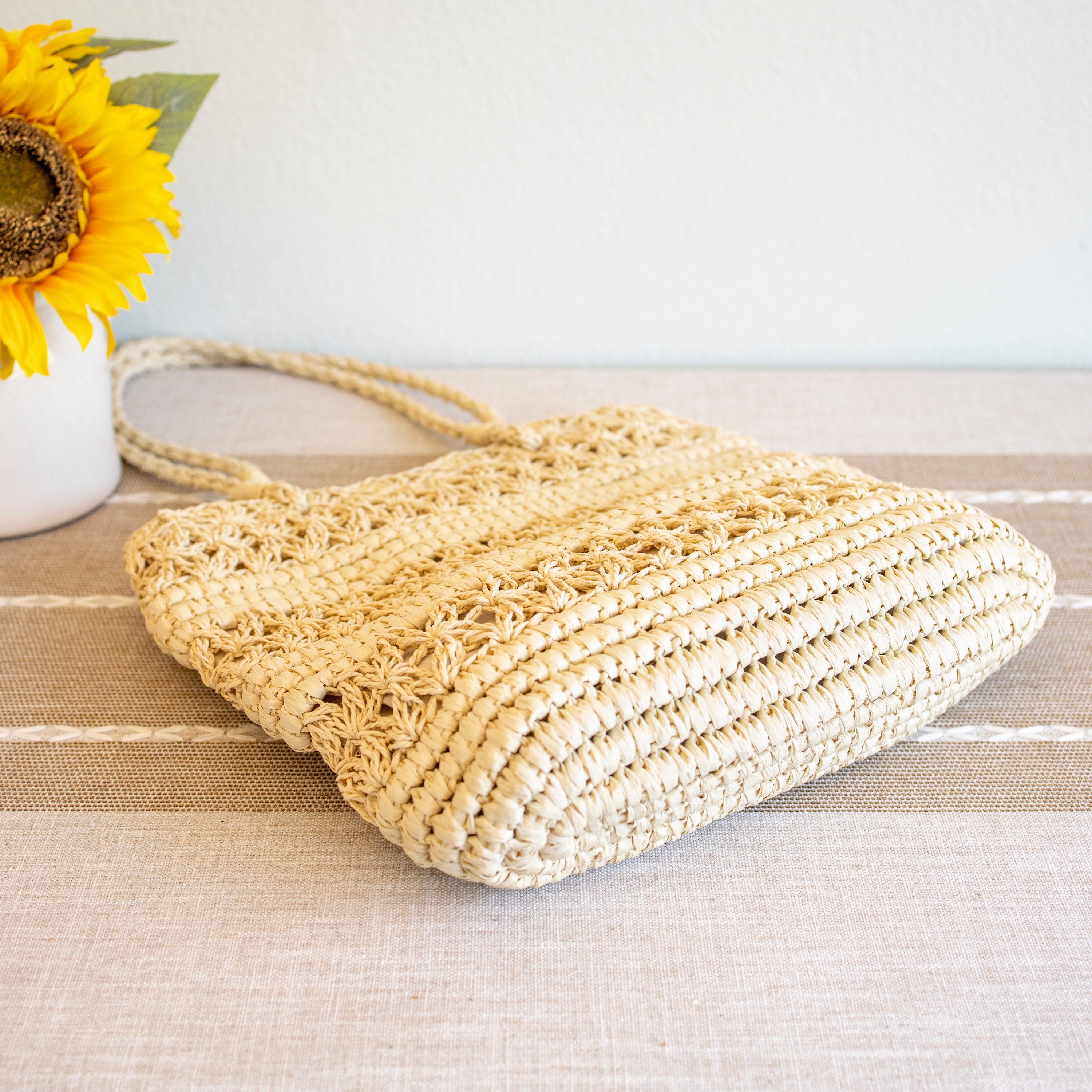 Long Handle Floral Design Straw Beach Tote