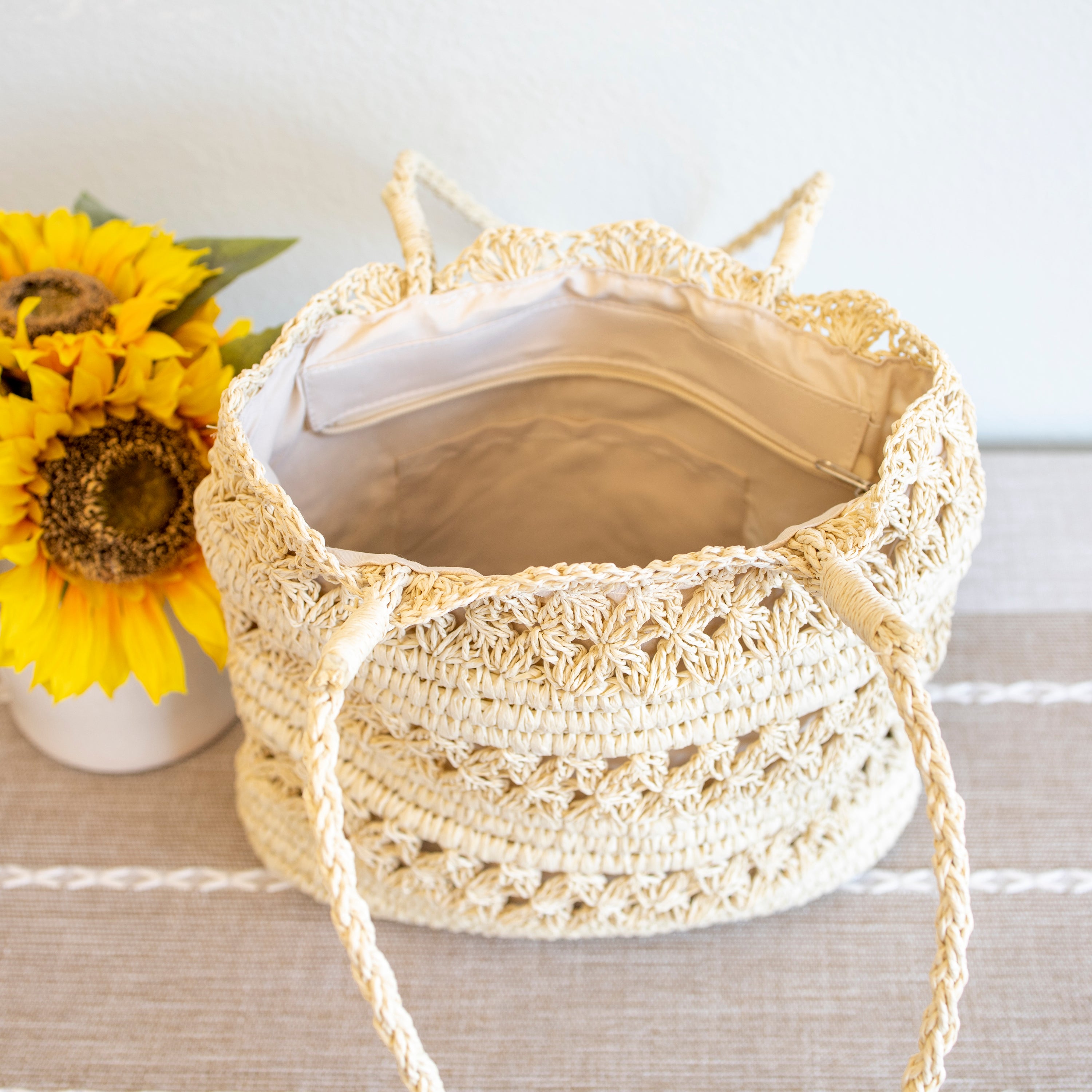 Long Handle Floral Design Straw Beach Tote