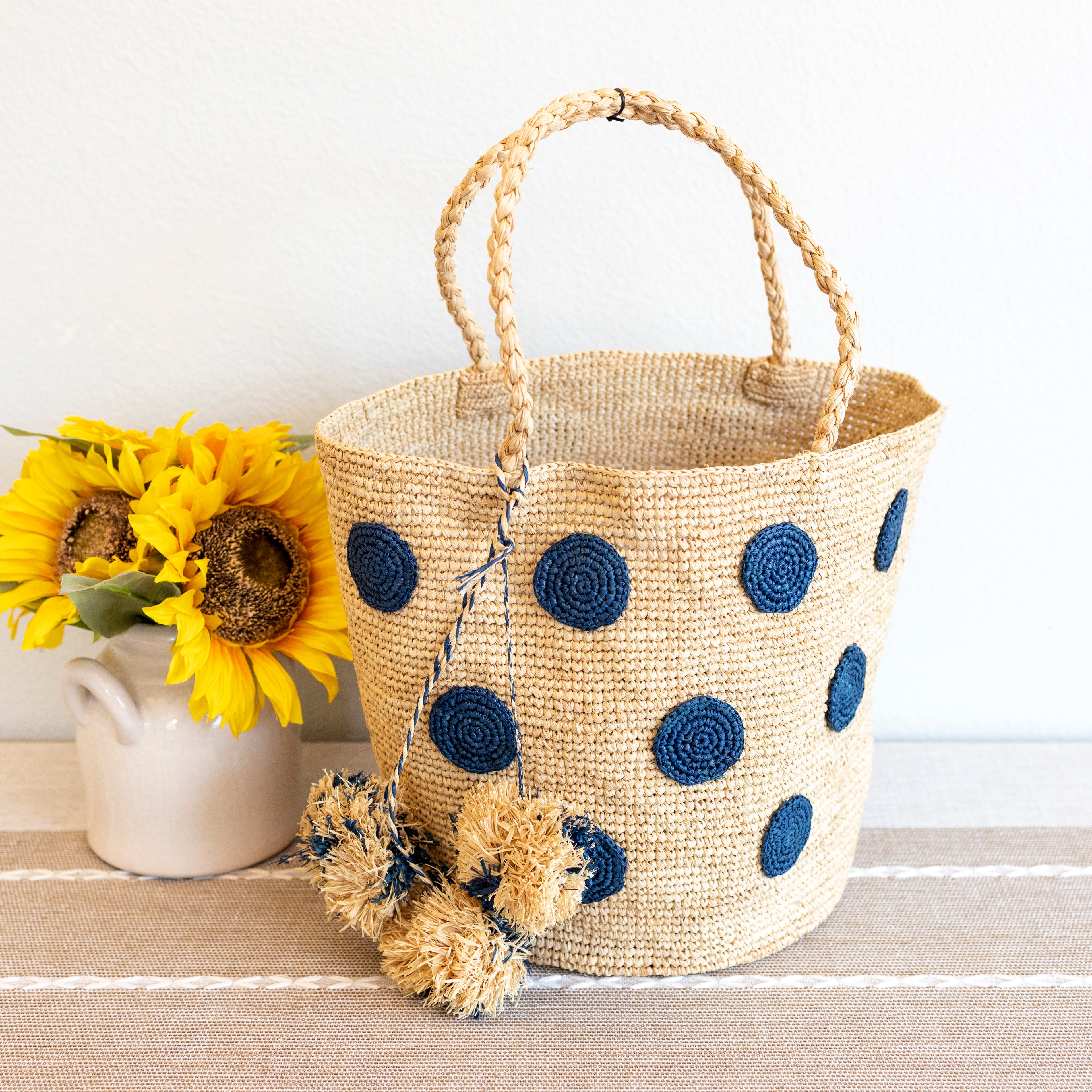Elena Handbags Natural Raffia Polka Dot Summer Beach Shoulder Tote