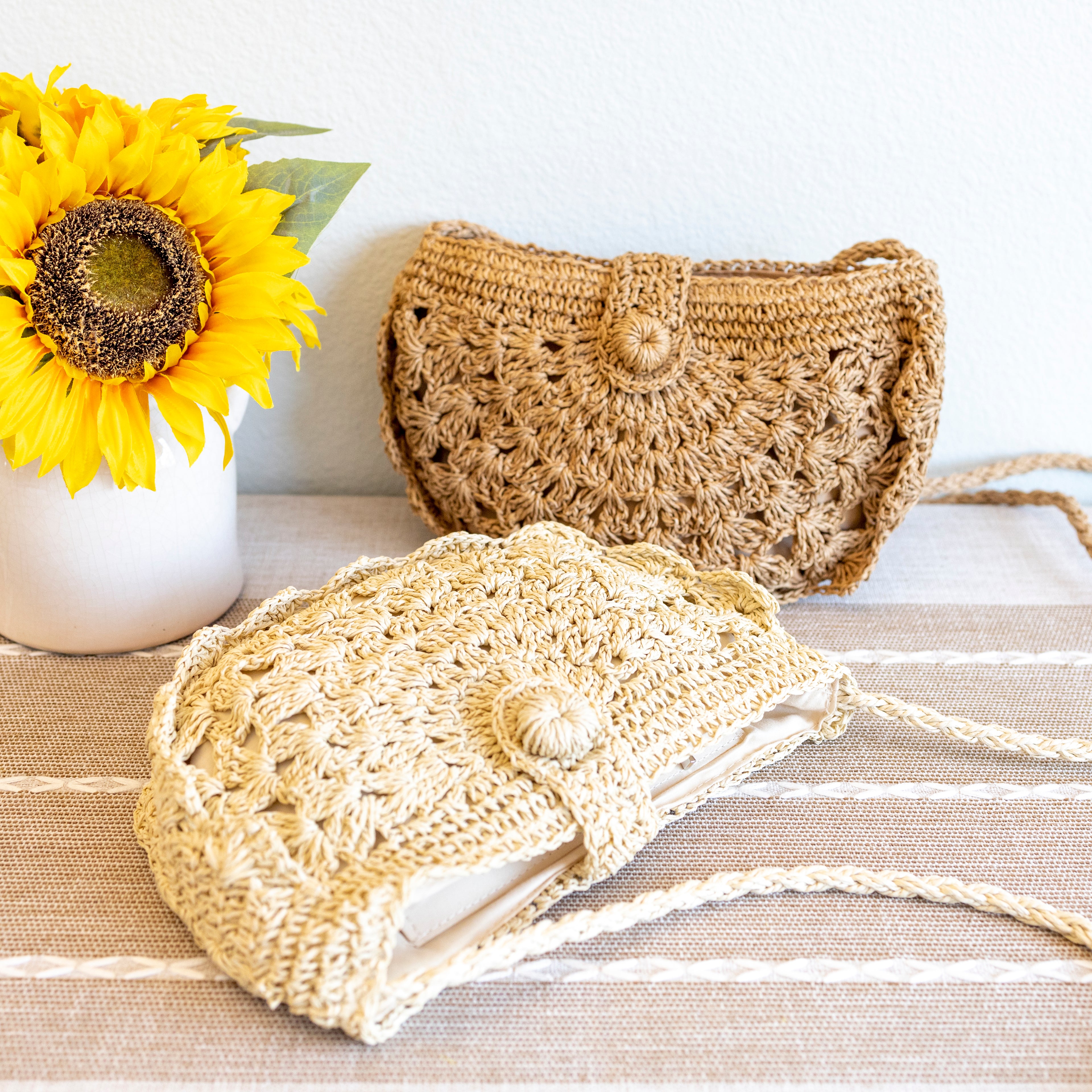 Elena Handbags Floral Crescent Straw Crossbody Bag with Long StrapElena Handbags Floral Crescent Straw Crossbody Bag with Long Strap