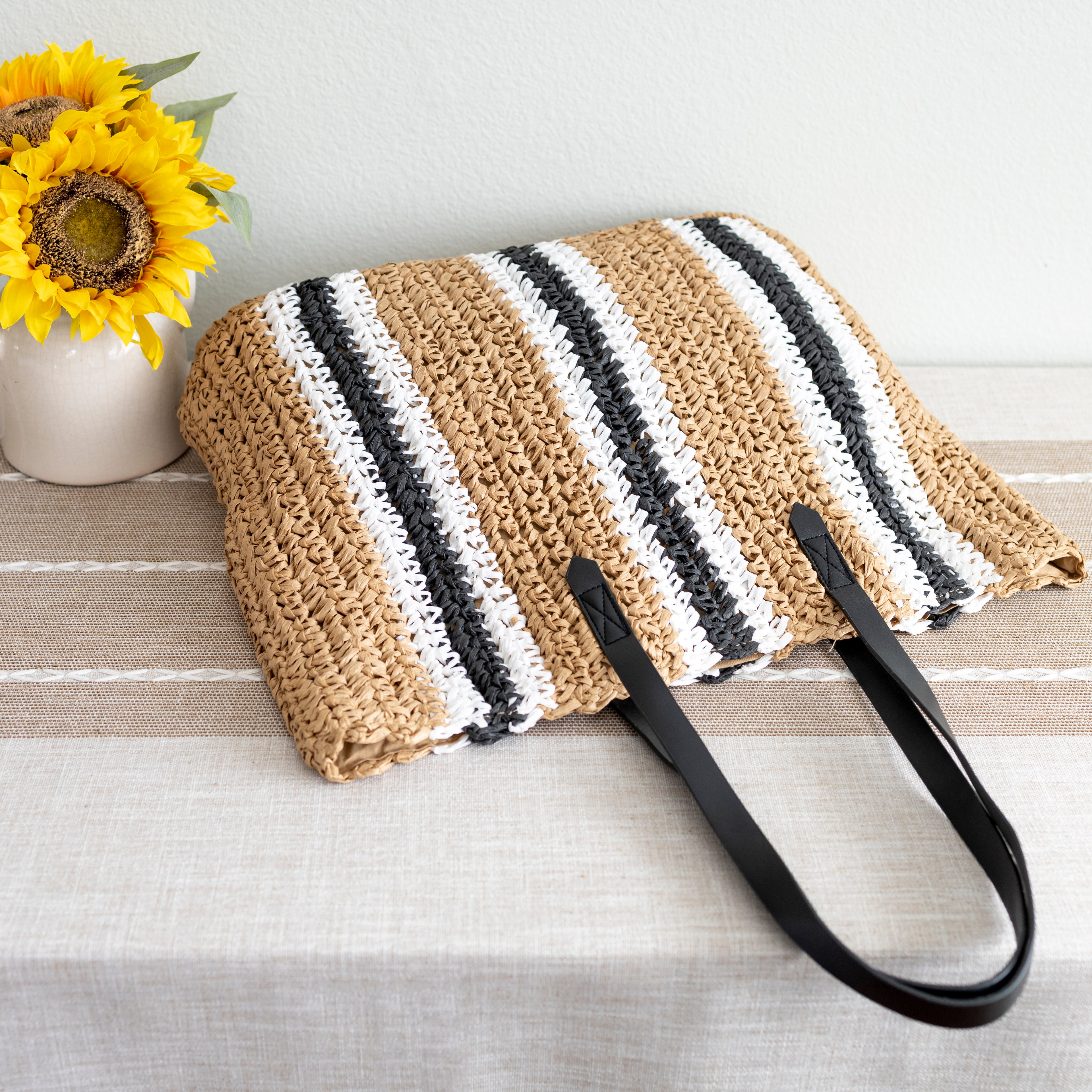 Elena Handbags Striped Large Straw Woven Tote