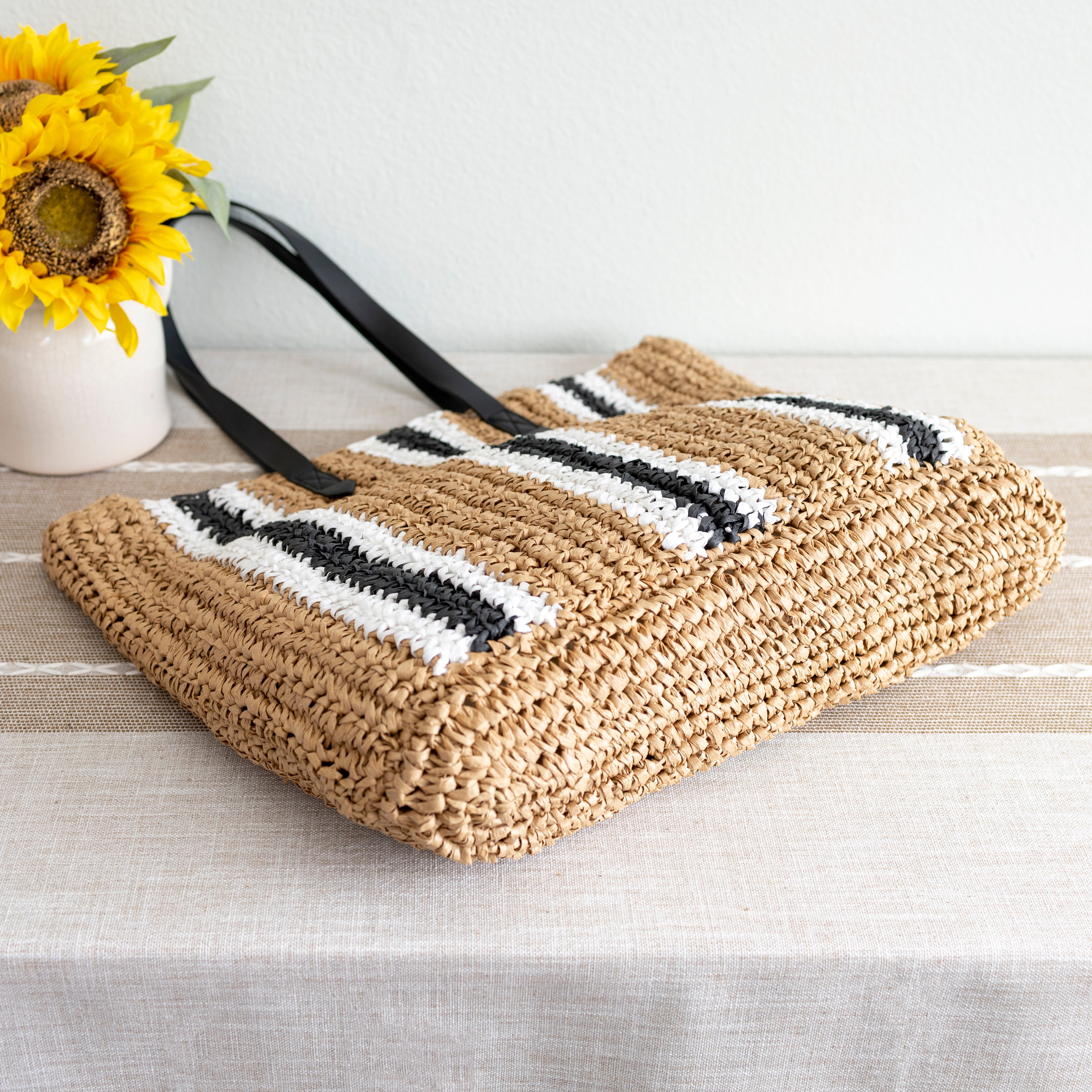 Elena Handbags Striped Large Straw Woven Tote