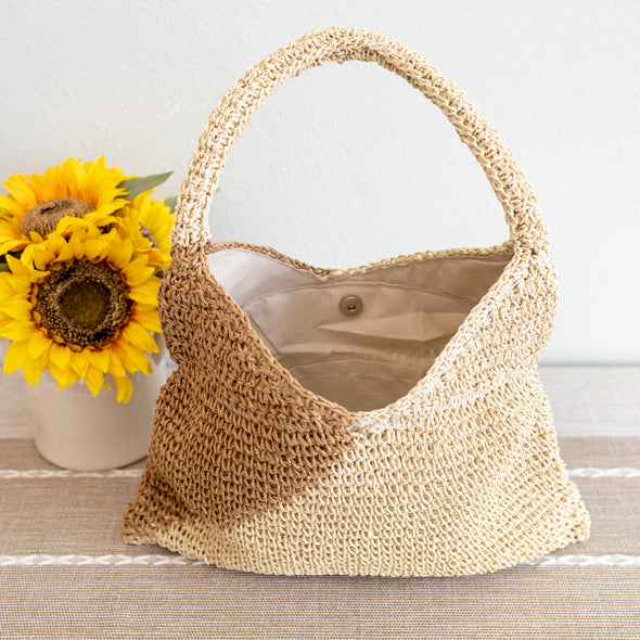 Elena Handbags Summer Boho Simple Two-Tone Straw Shoulder Bag