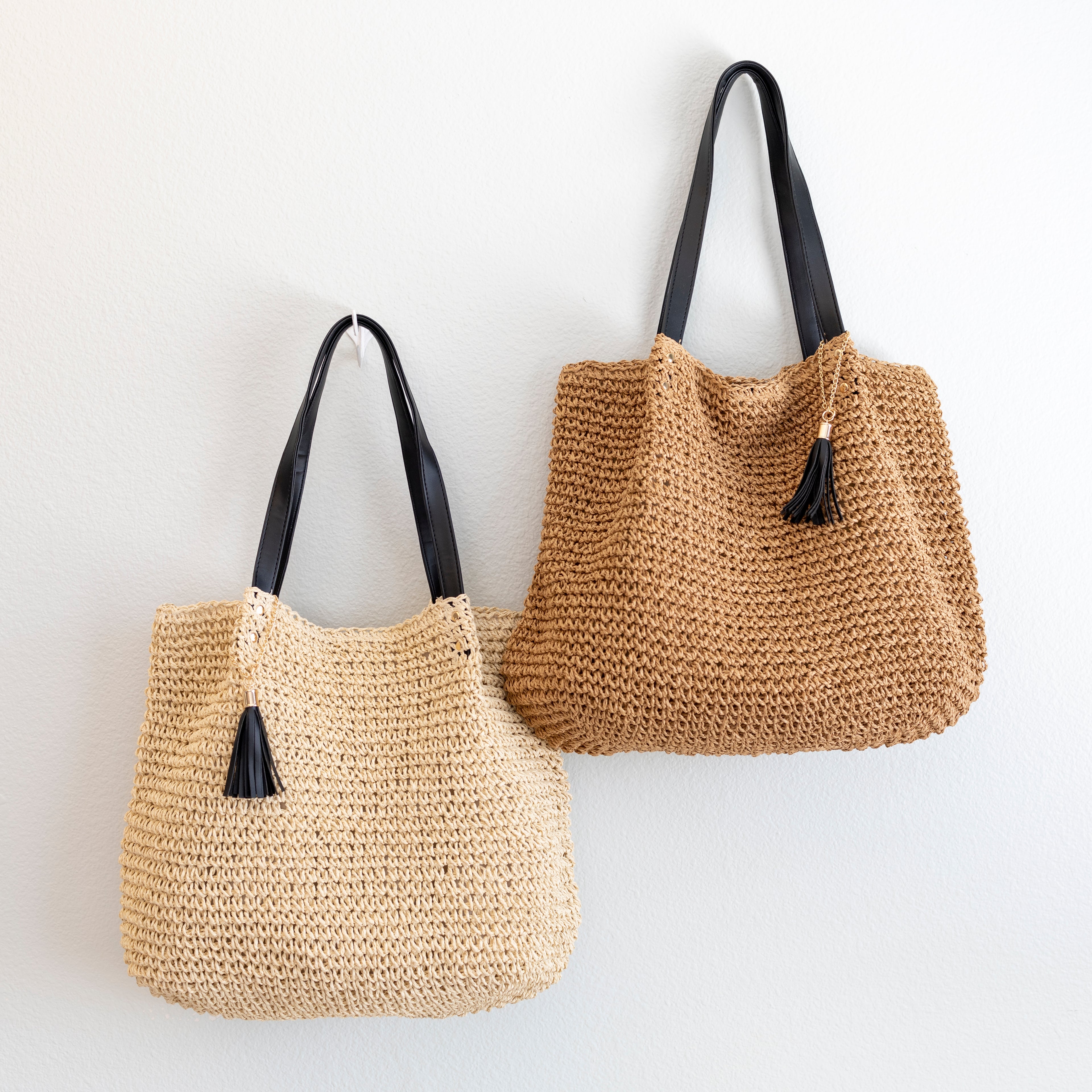 Straw Woven Tote with Leather Straps and Tassel