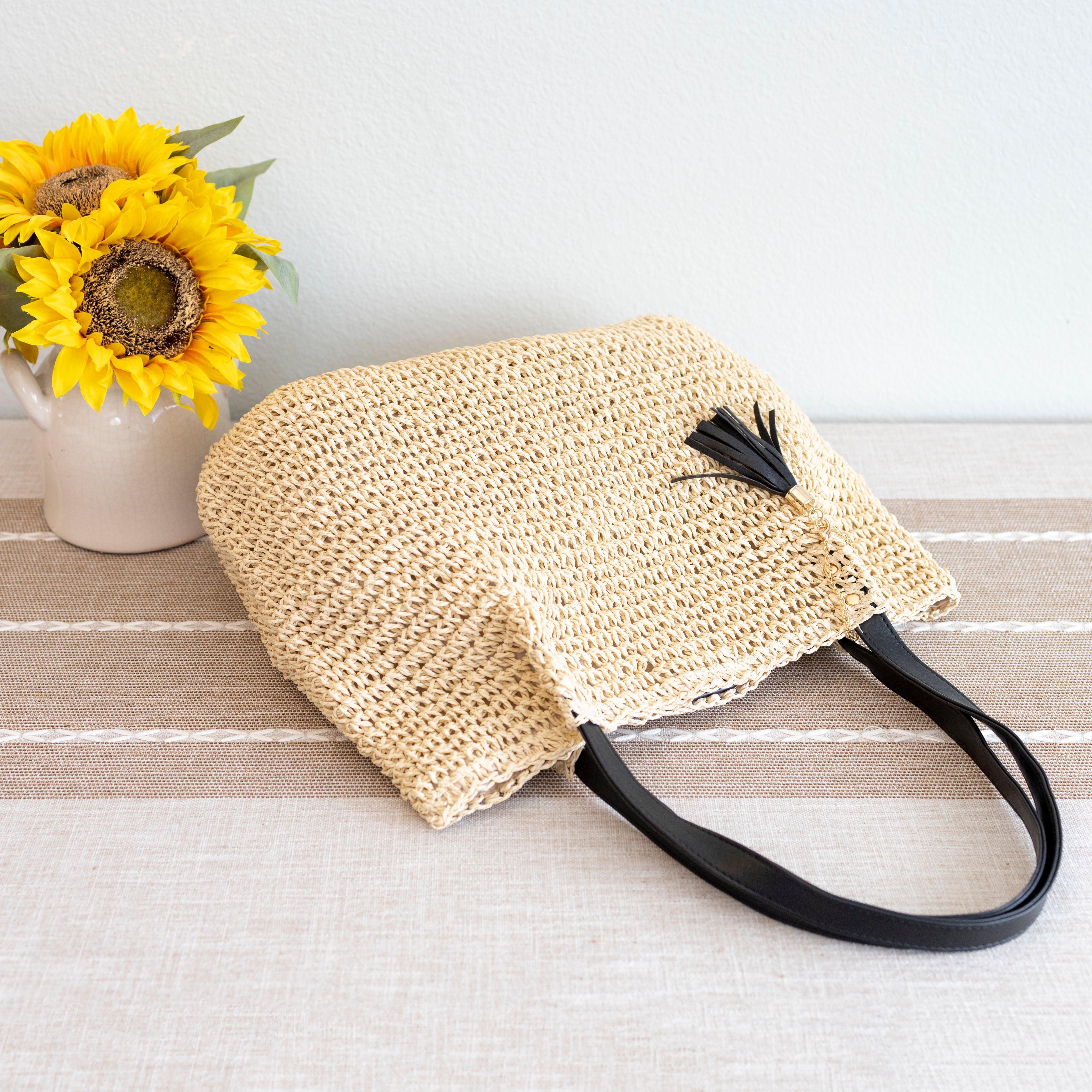 Straw Woven Tote with Leather Straps and Tassel