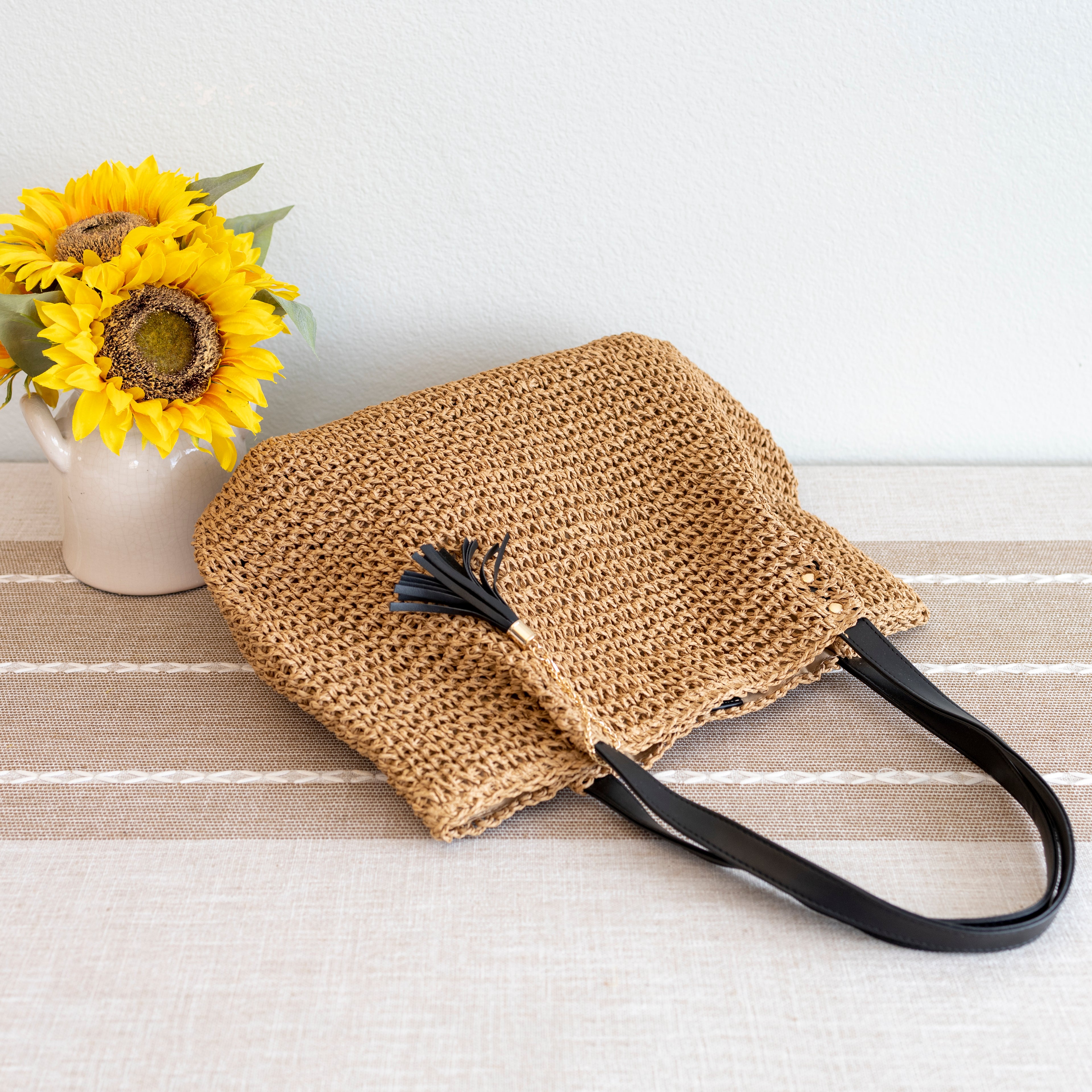 Straw Woven Tote with Leather Straps and Tassel
