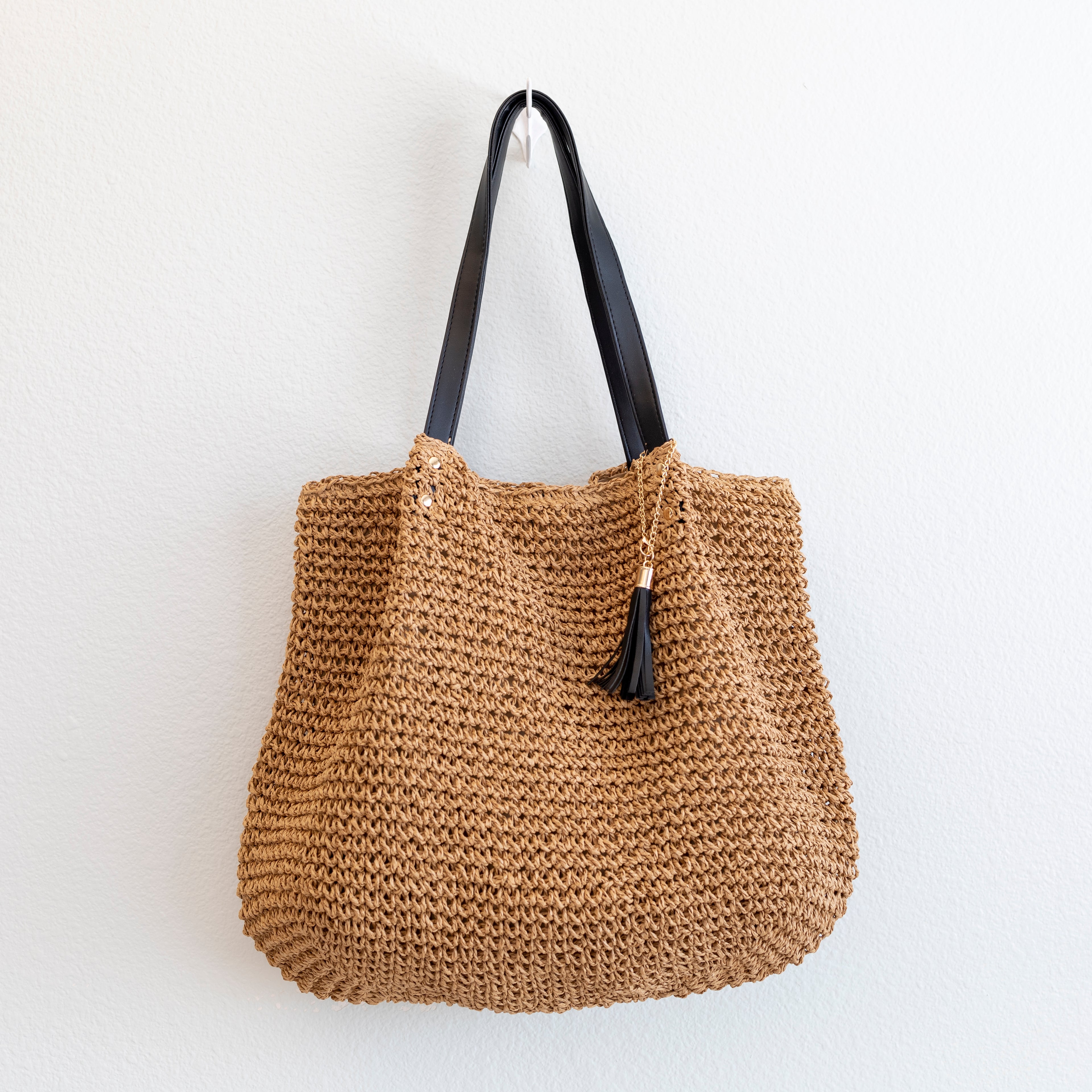Straw Woven Tote with Leather Straps and Tassel