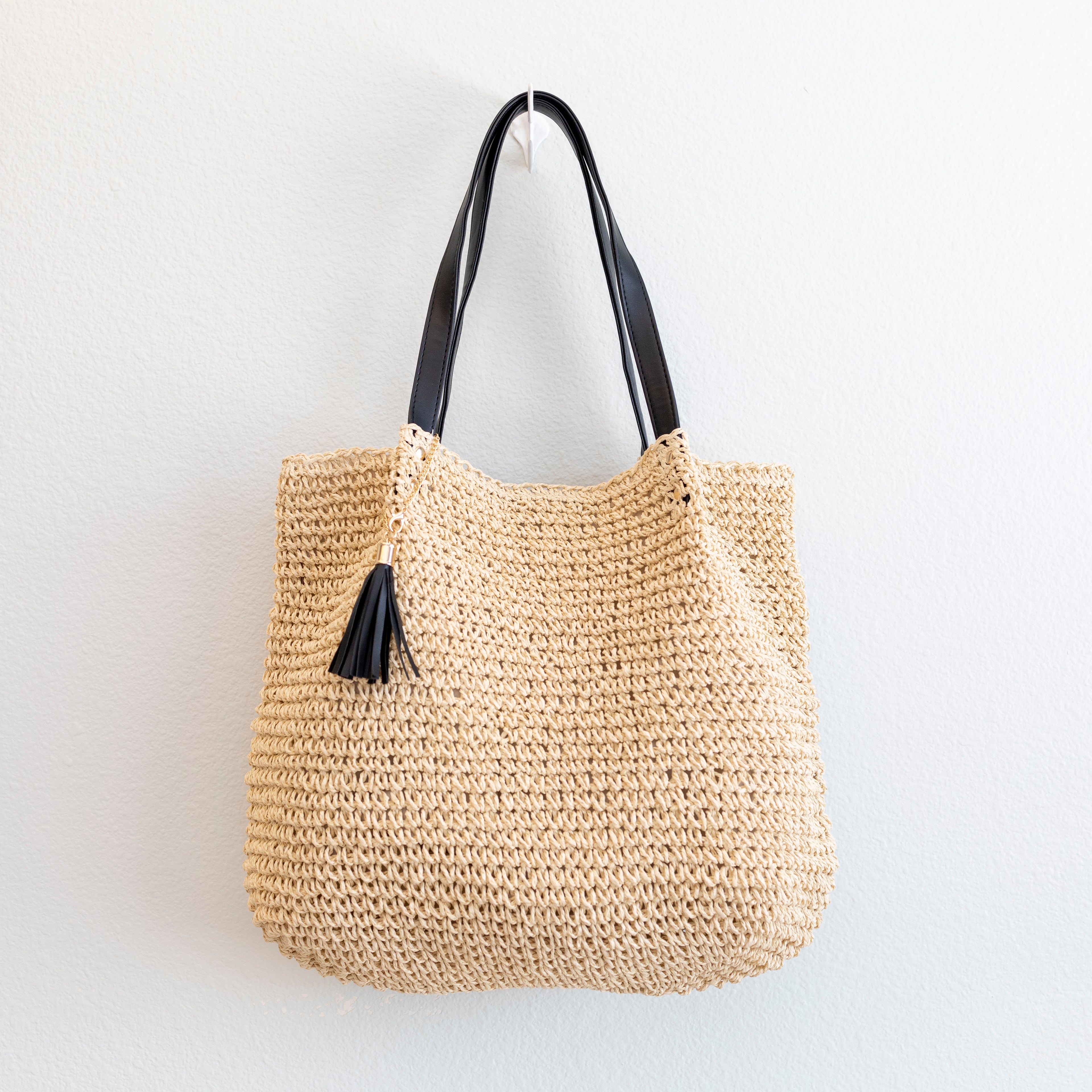 Straw Woven Tote with Leather Straps and Tassel