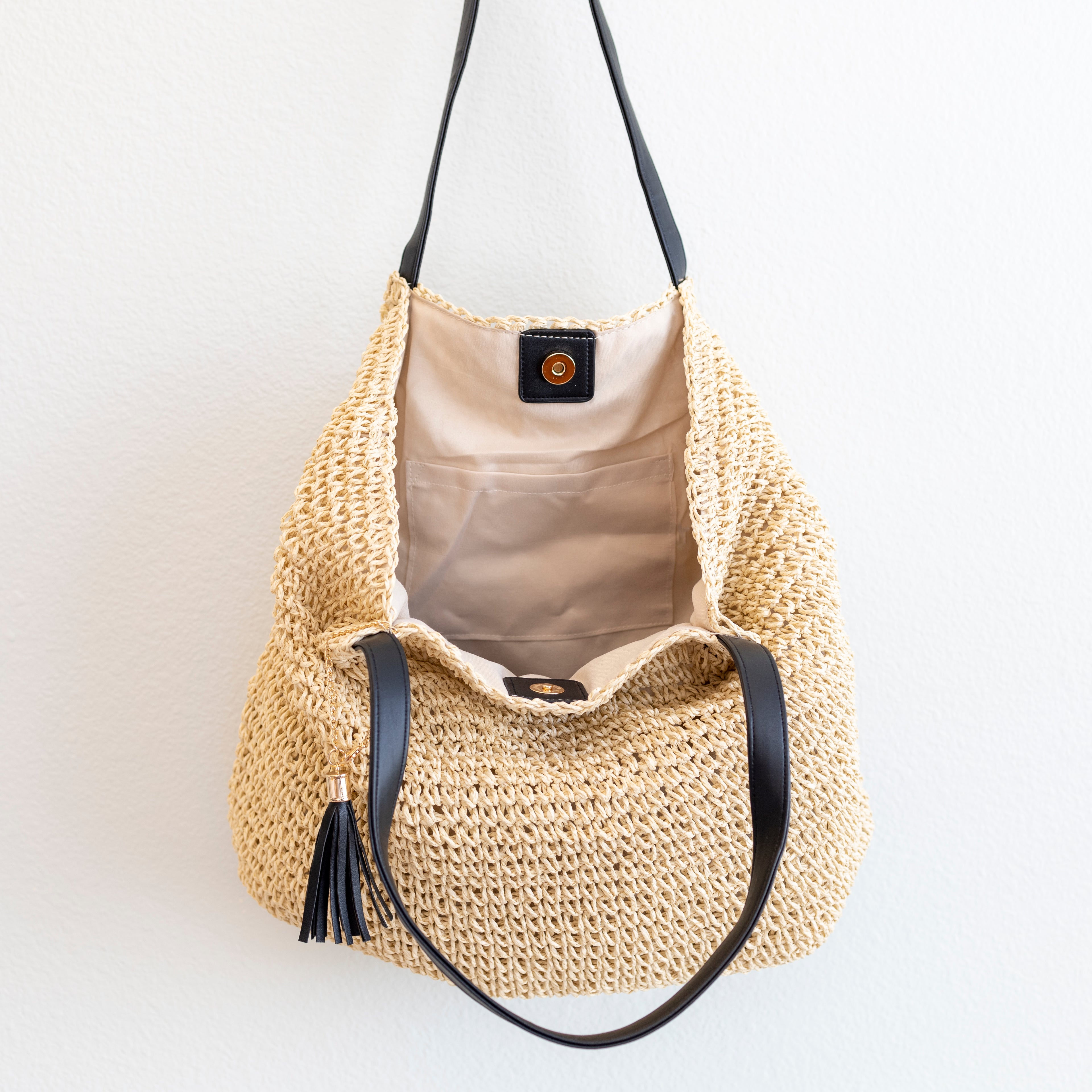 Straw Woven Tote with Leather Straps and Tassel