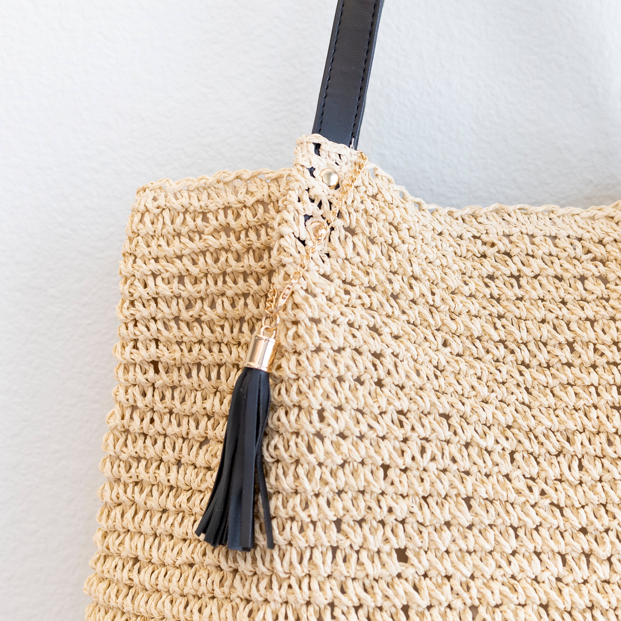 Straw Woven Tote with Leather Straps and Tassel