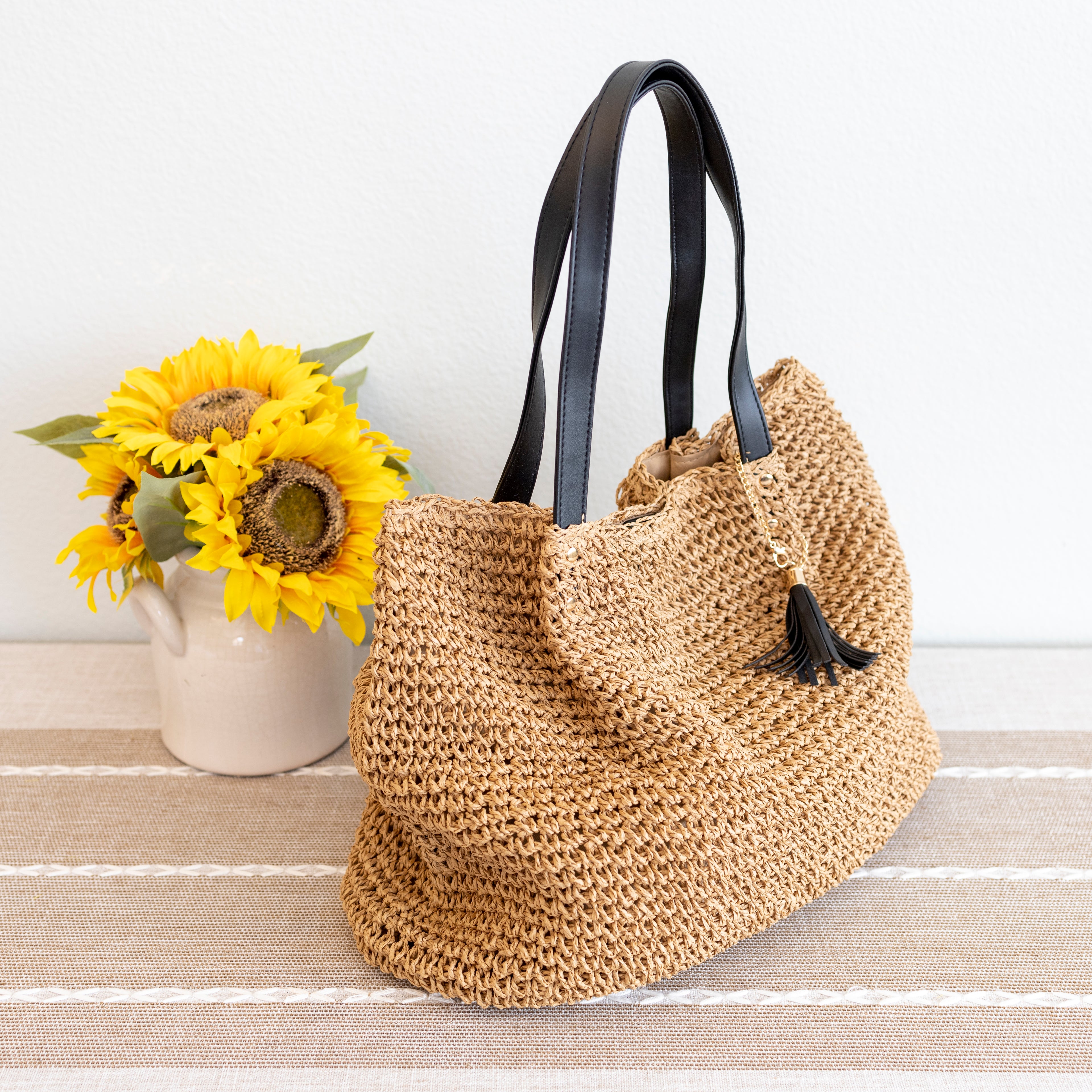 Straw Woven Tote with Leather Straps and Tassel