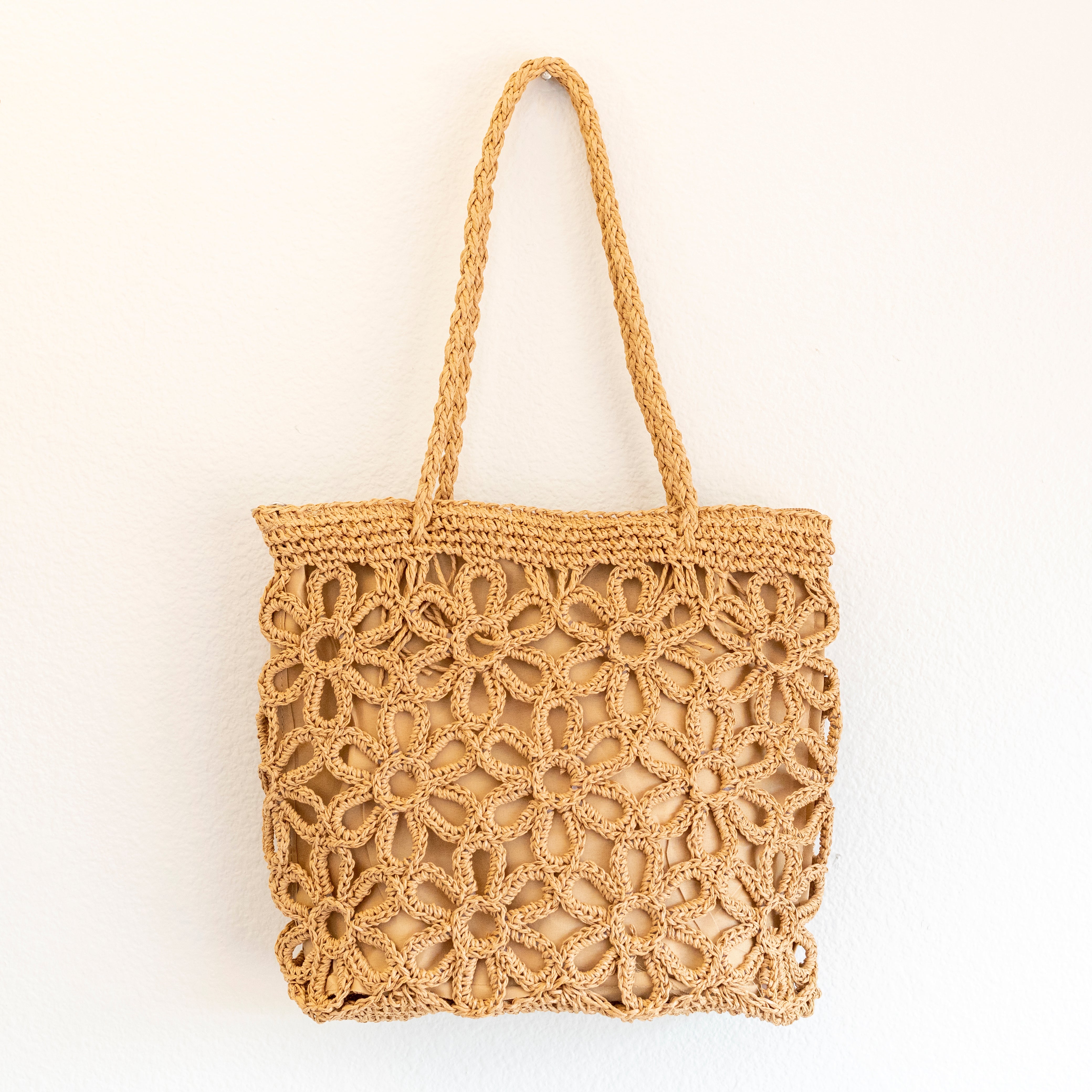 Elena Handbags Long Handle Floral Design Straw Beach Tote Brown