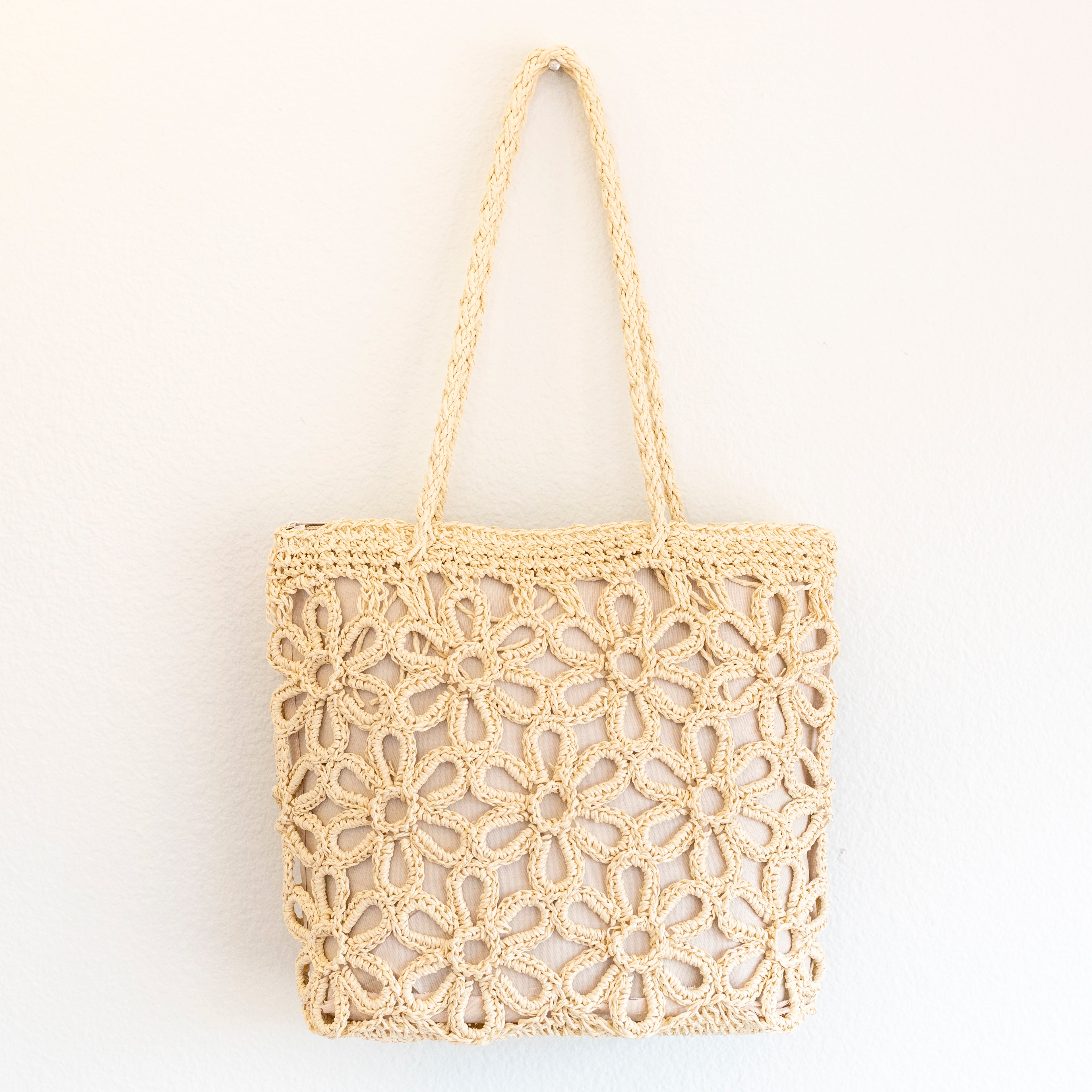 Long Handle Floral Design Straw Beach Tote