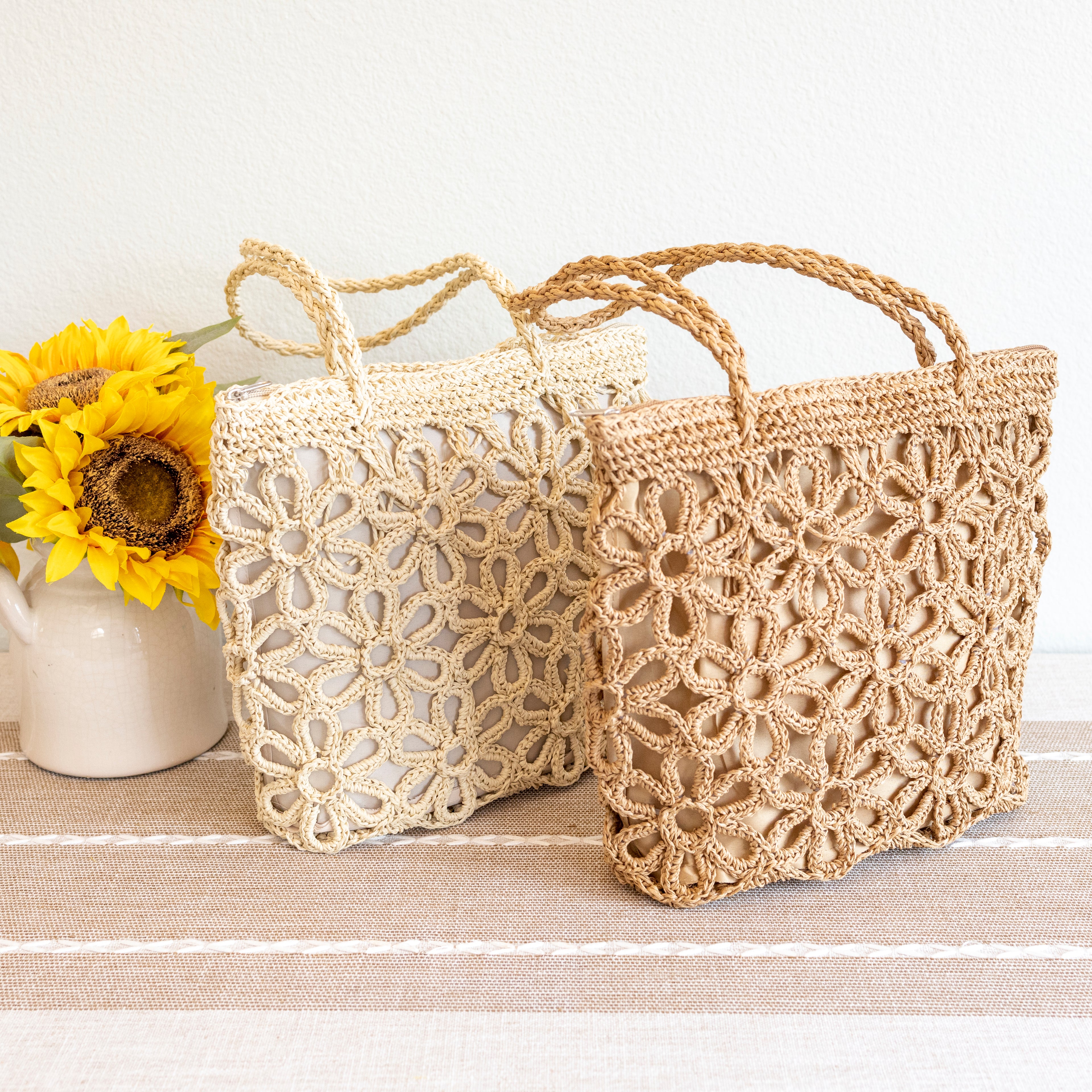 Long Handle Floral Design Straw Beach Tote