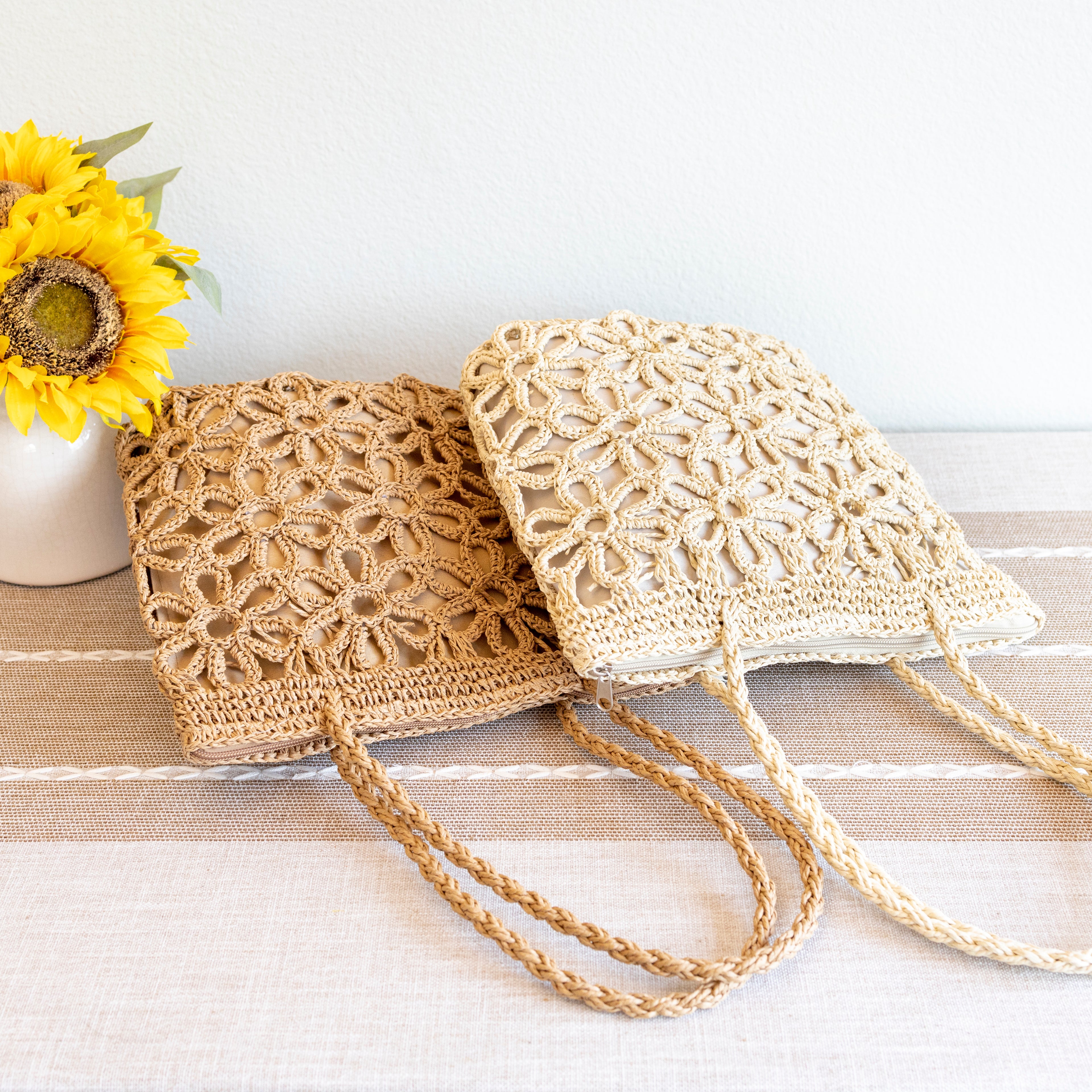 Long Handle Floral Design Straw Beach Tote