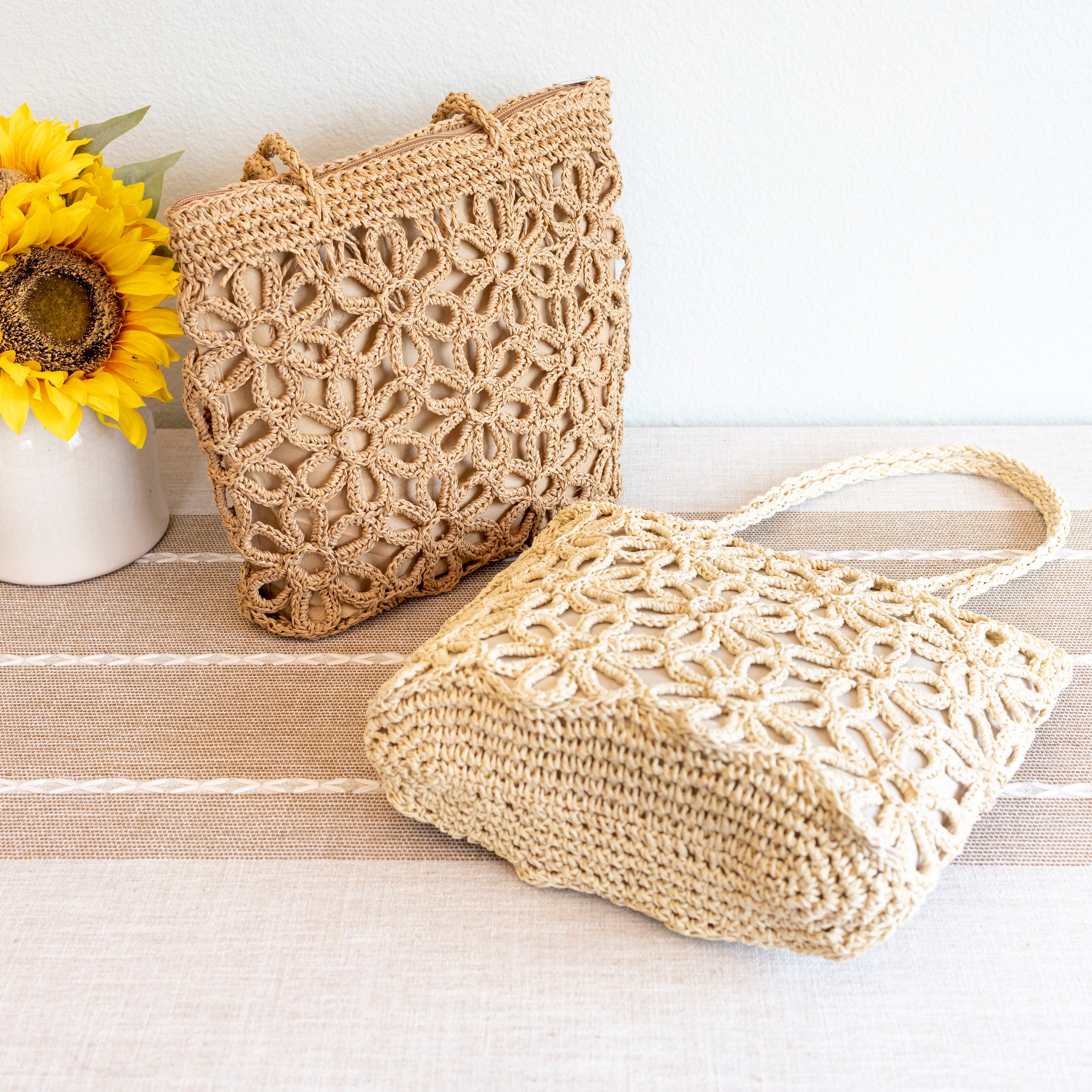 Long Handle Floral Design Straw Beach Tote