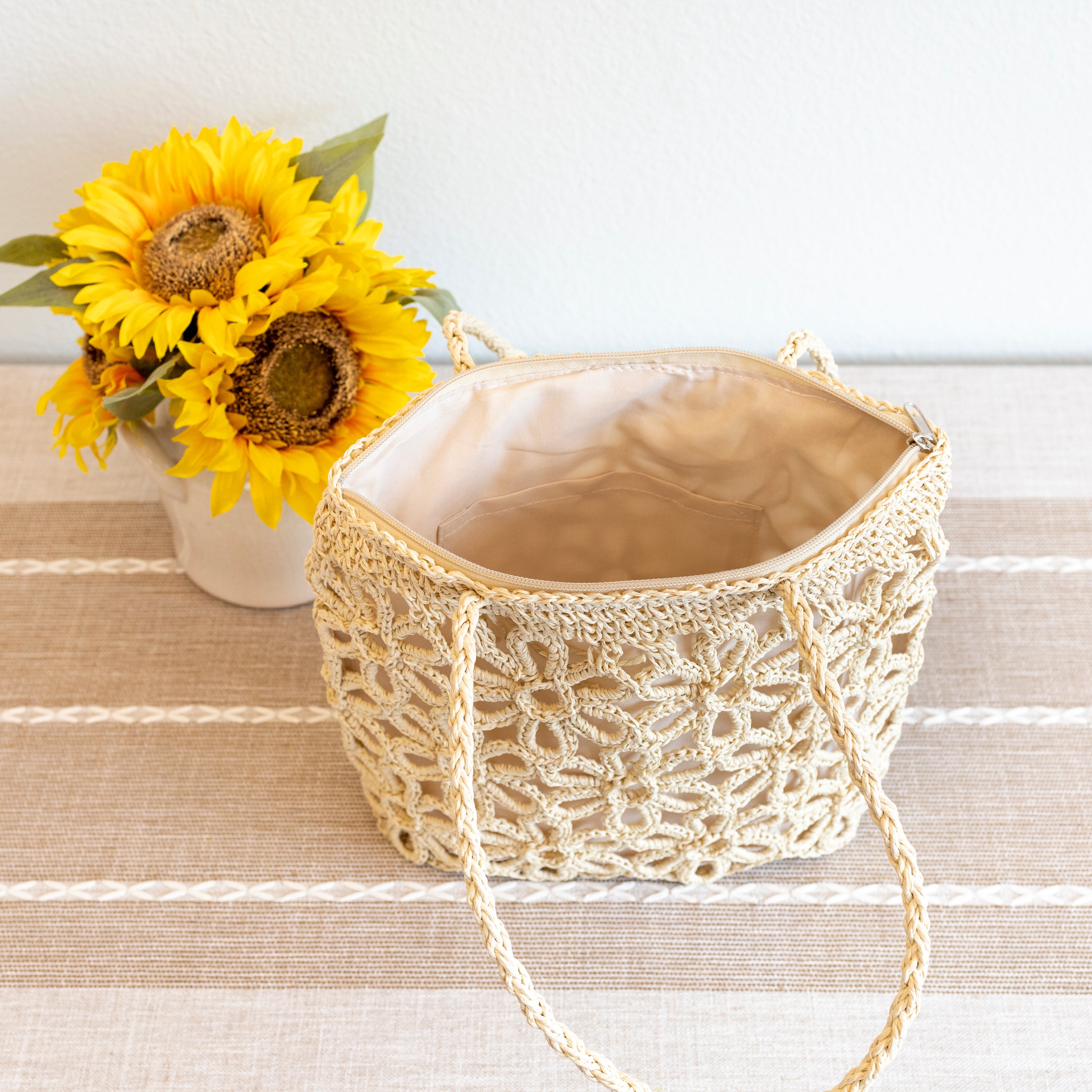 Long Handle Floral Design Straw Beach Tote
