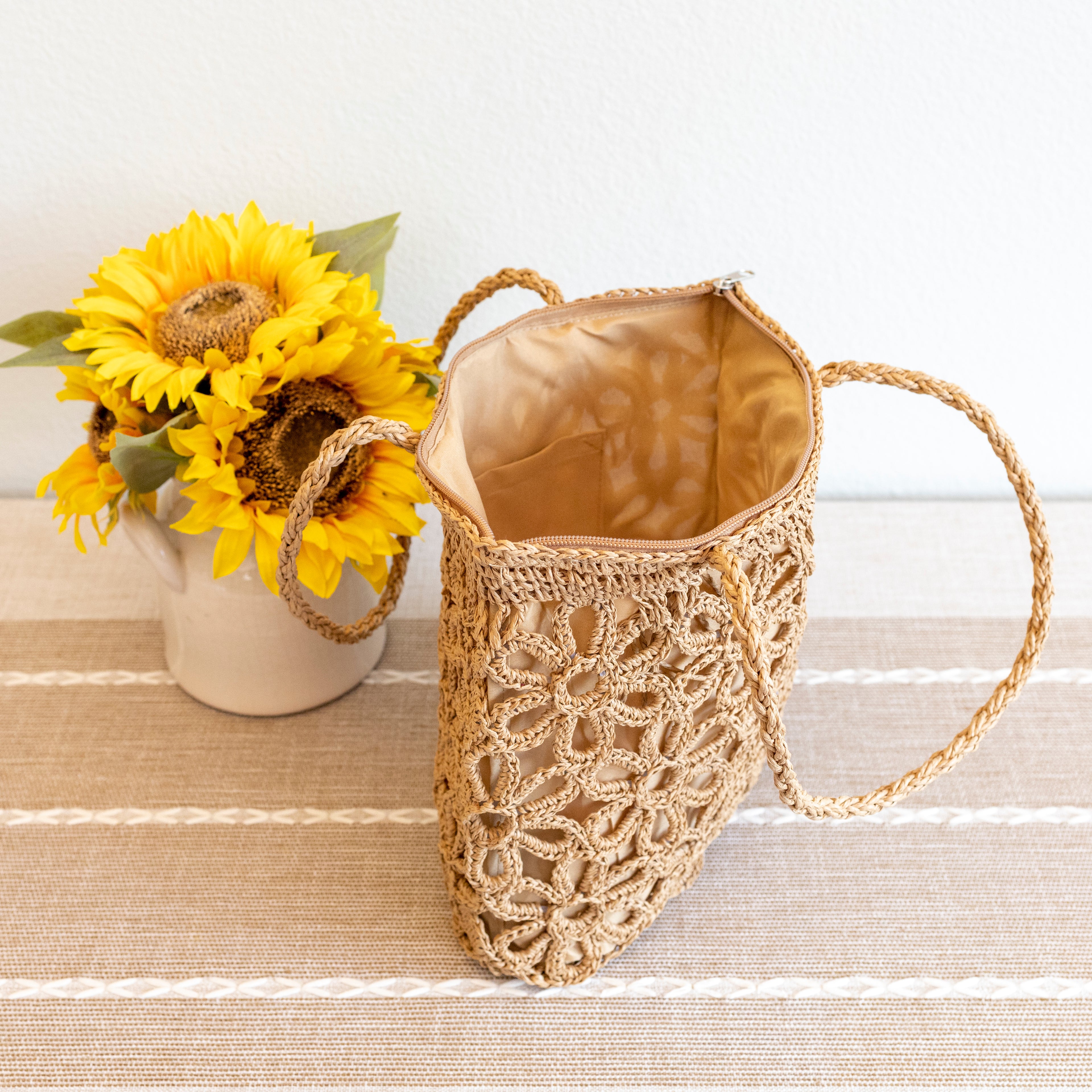 Long Handle Floral Design Straw Beach Tote