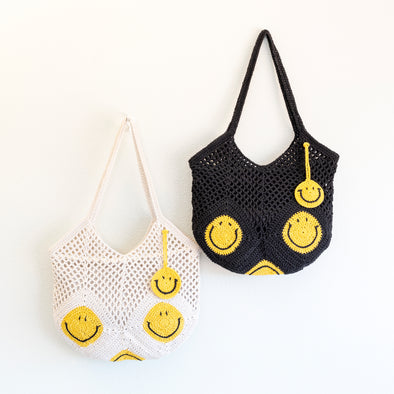 Elena Handbags Cotton Crochet Handmade Shoulder Bag with Smiley Face Design