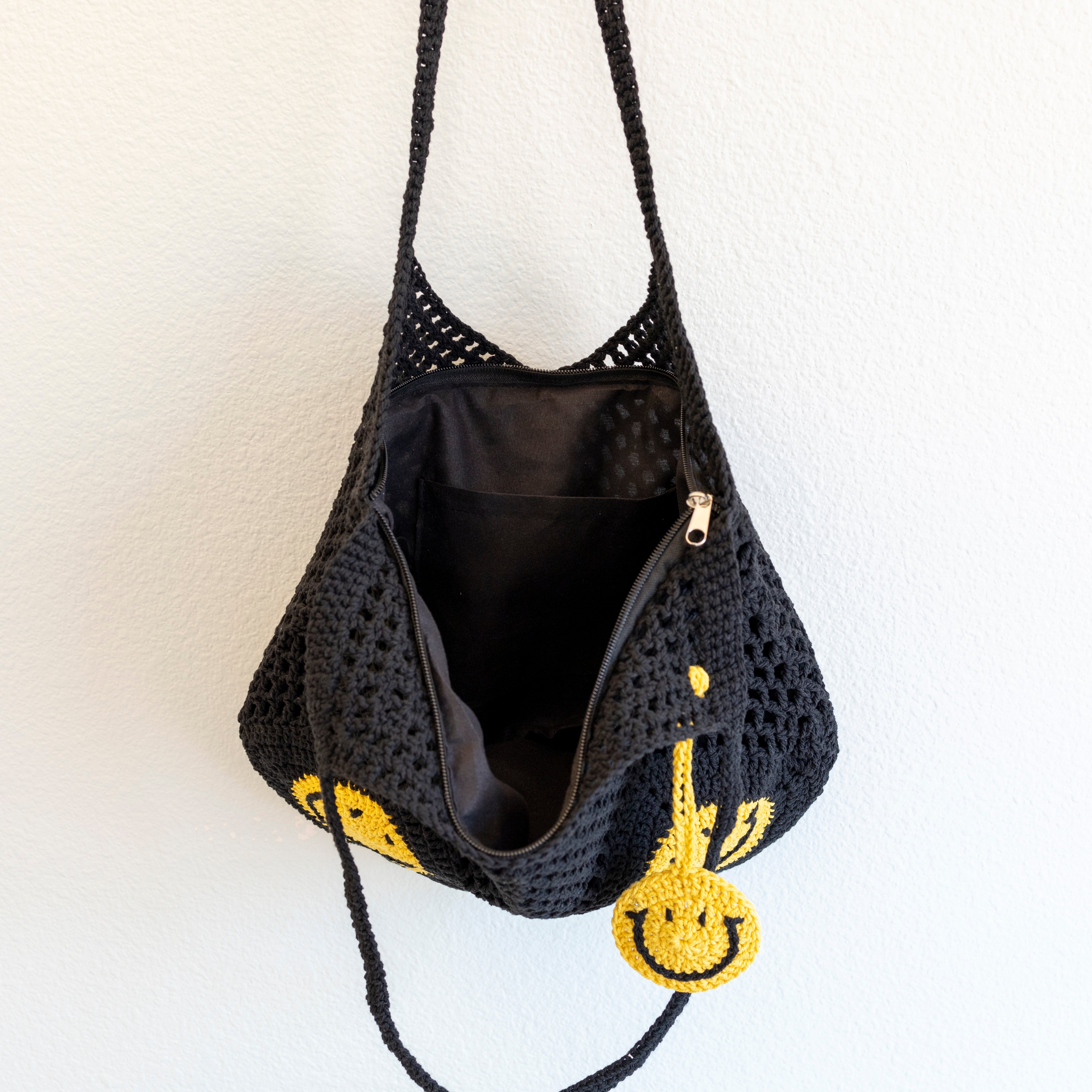 Elena Handbags Cotton Crochet Handmade Shoulder Bag with Smiley Face Design