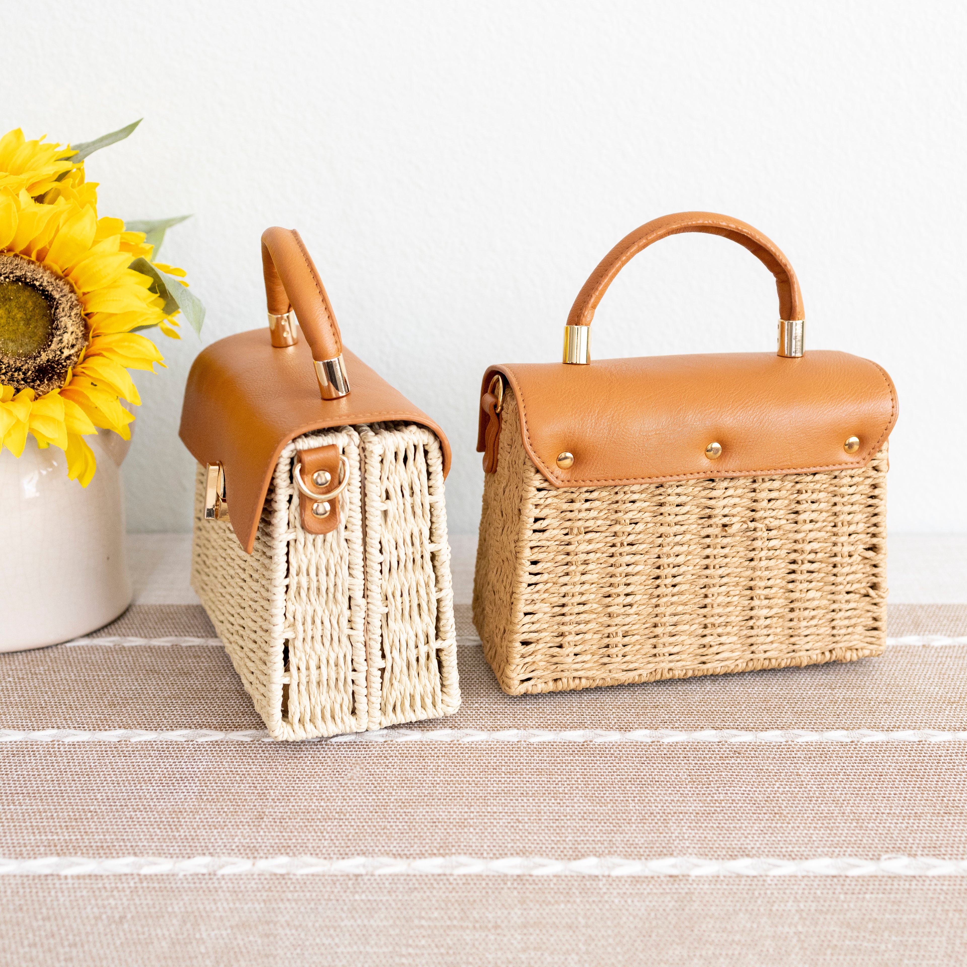 Straw Woven Box Bag with Leather Flap and Trims