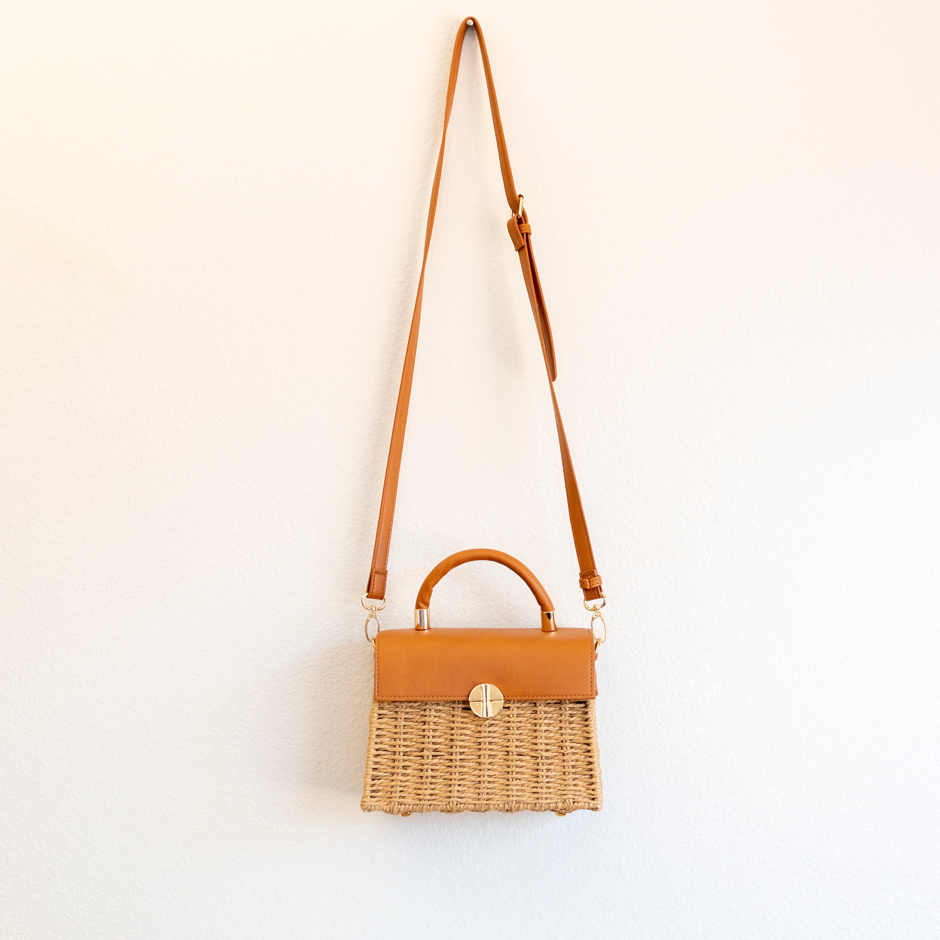 Straw Woven Box Bag with Leather Flap and Trims