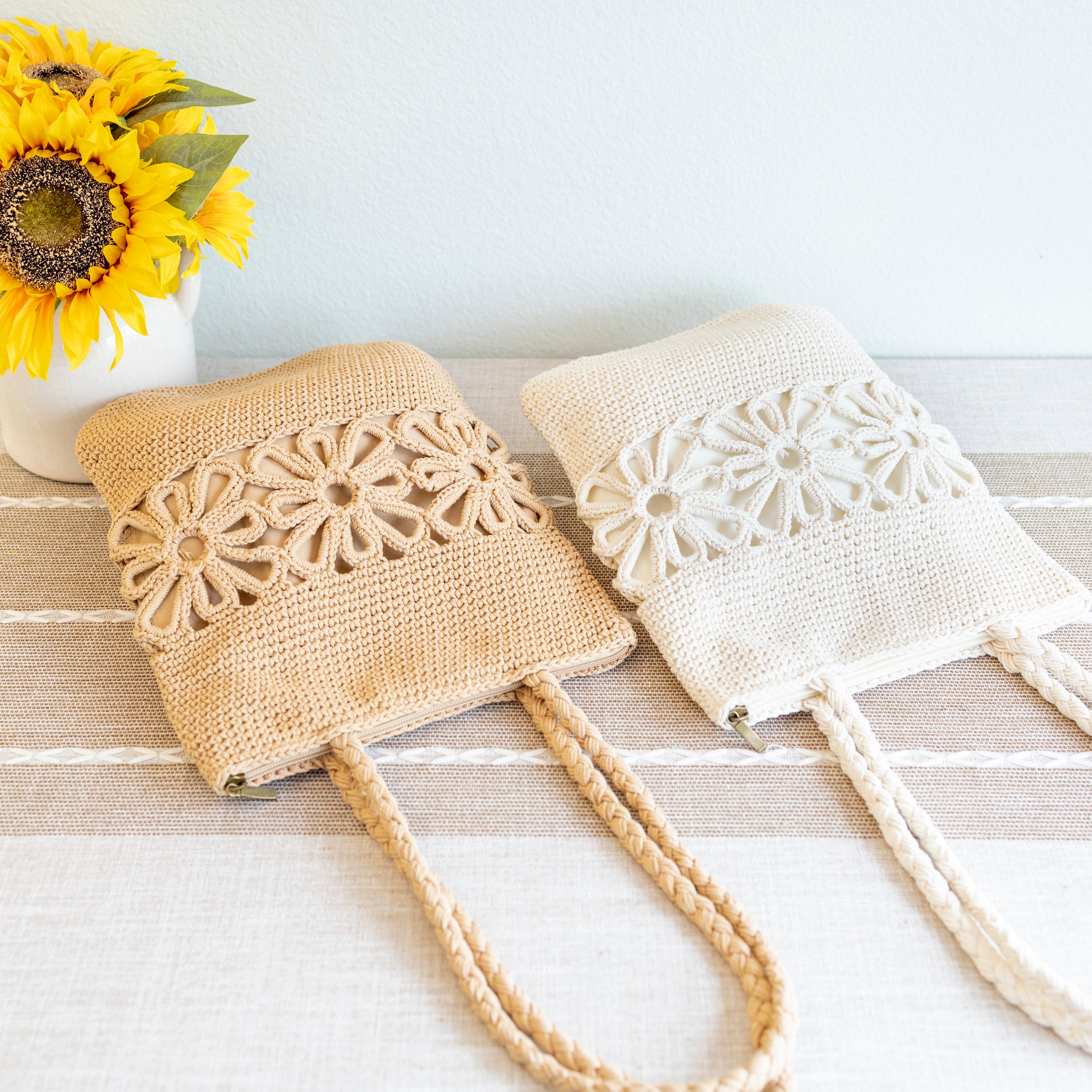 Crochet Medium Cotton Bag with Floral Design