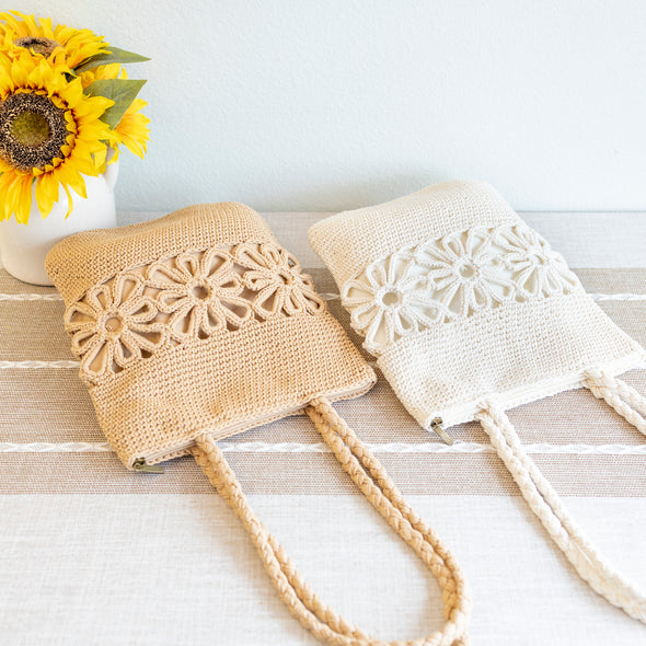 Elena Handbags Crochet Medium Cotton Bag with Floral Design