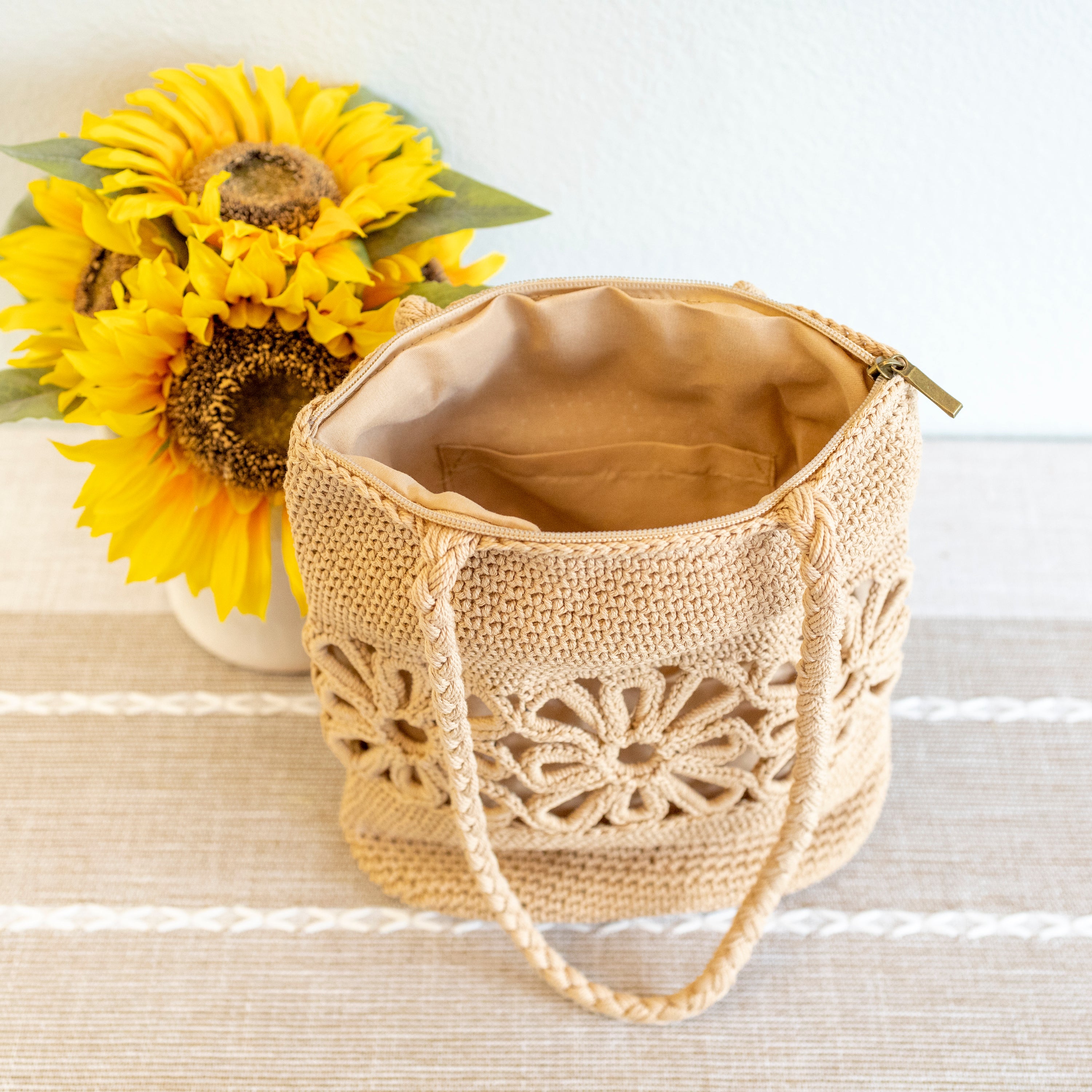 Crochet Medium Cotton Bag with Floral Design