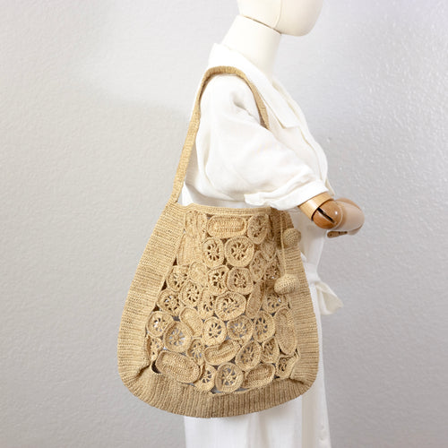 Circular-Motif Openwork Raffia Shoulder Bag
