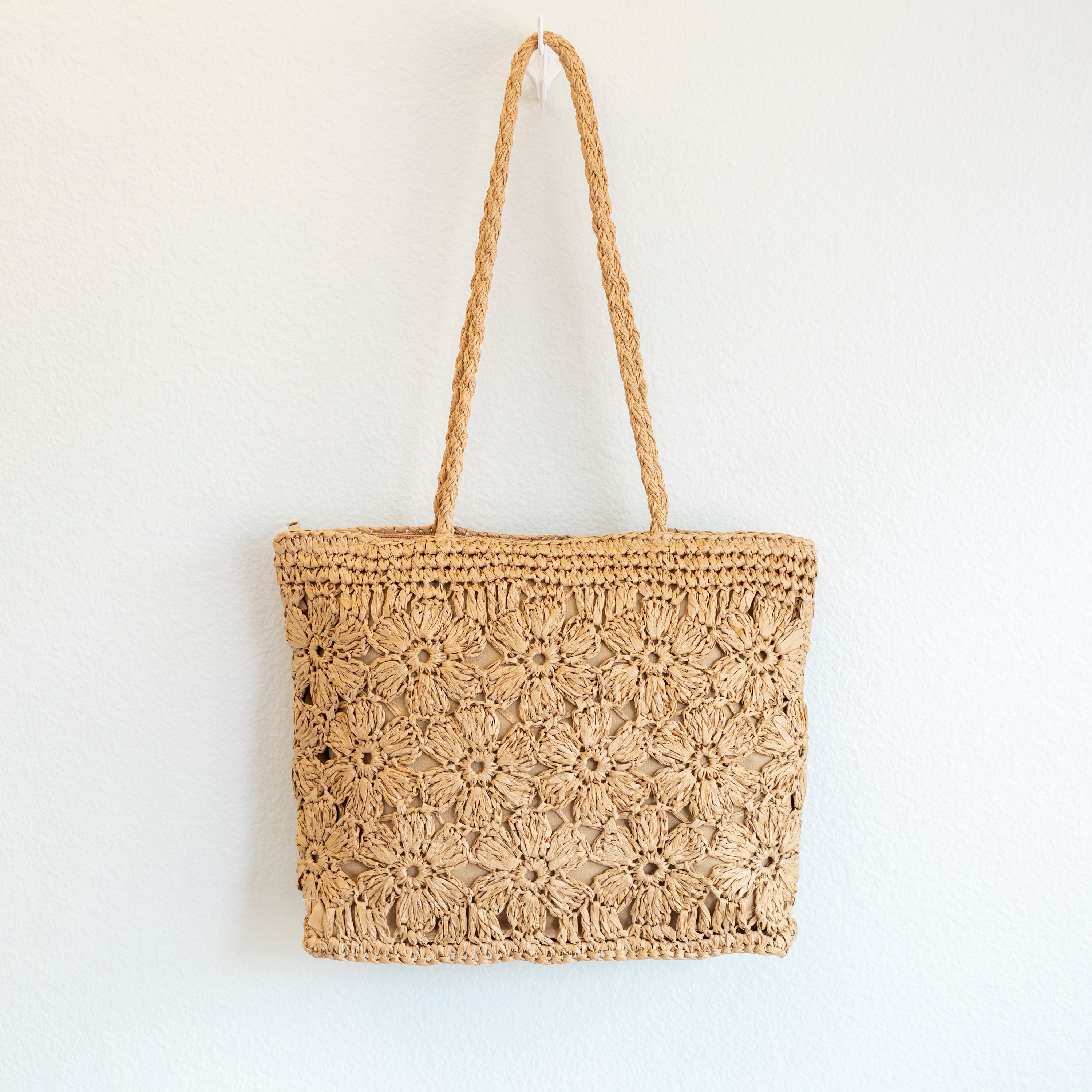 Straw Woven Tote with Floral Design