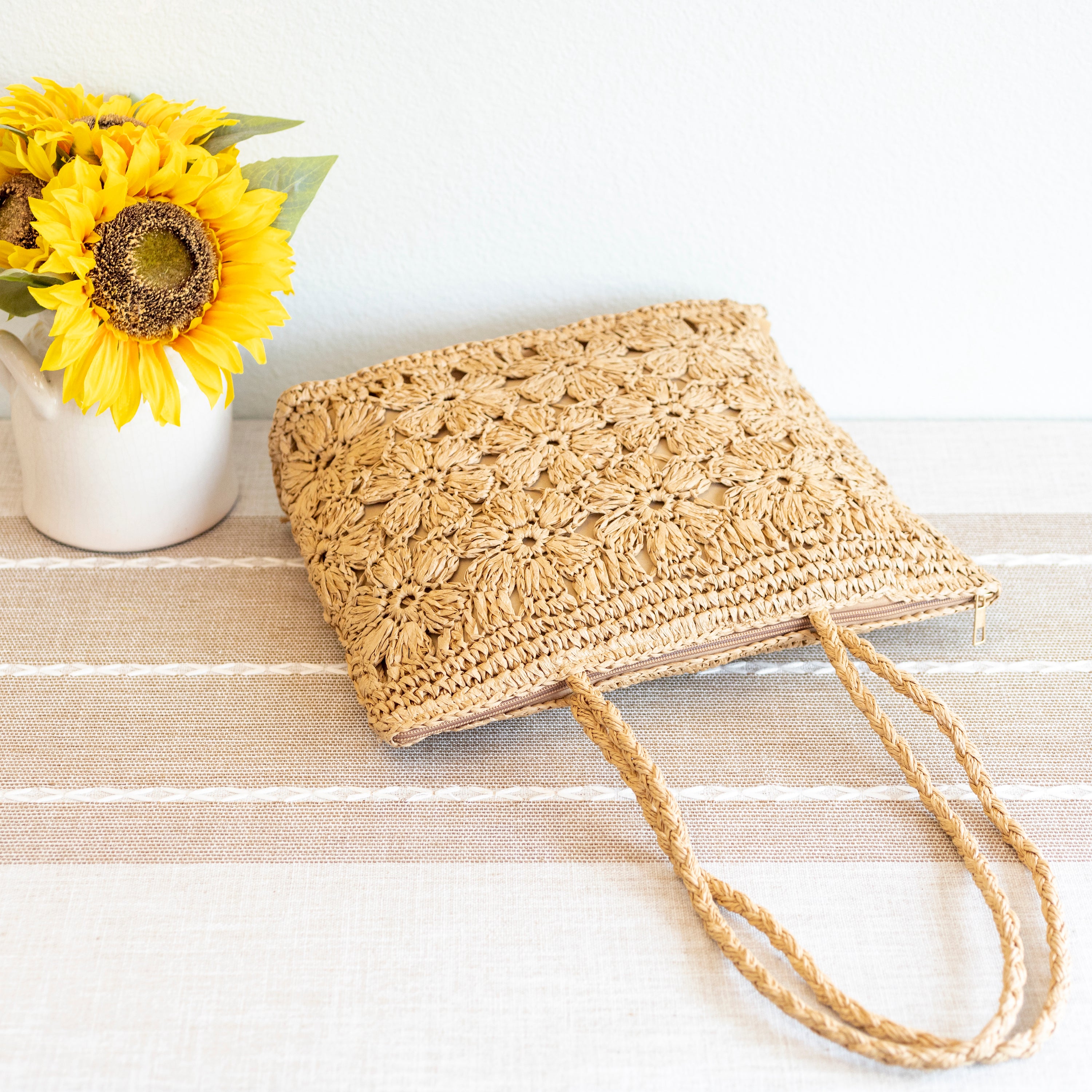 Straw Woven Tote with Floral Design