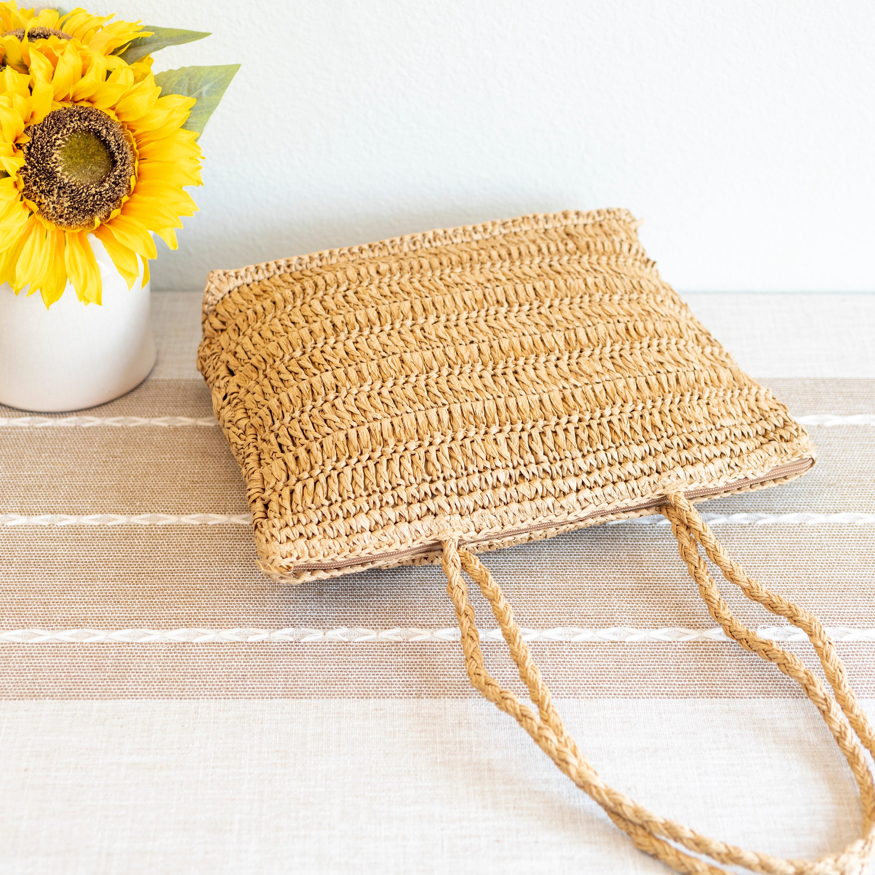 Straw Woven Tote with Floral Design