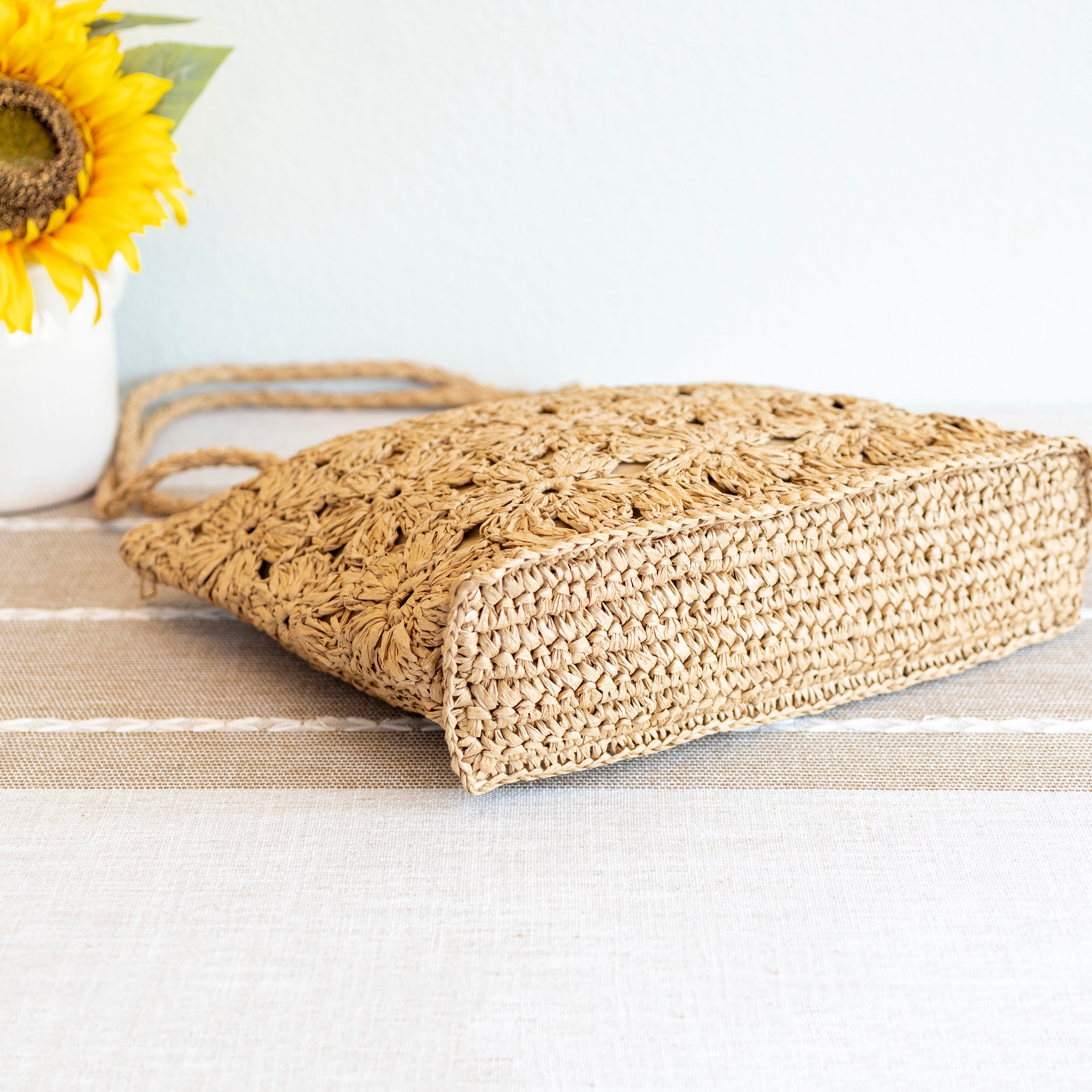 Straw Woven Tote with Floral Design