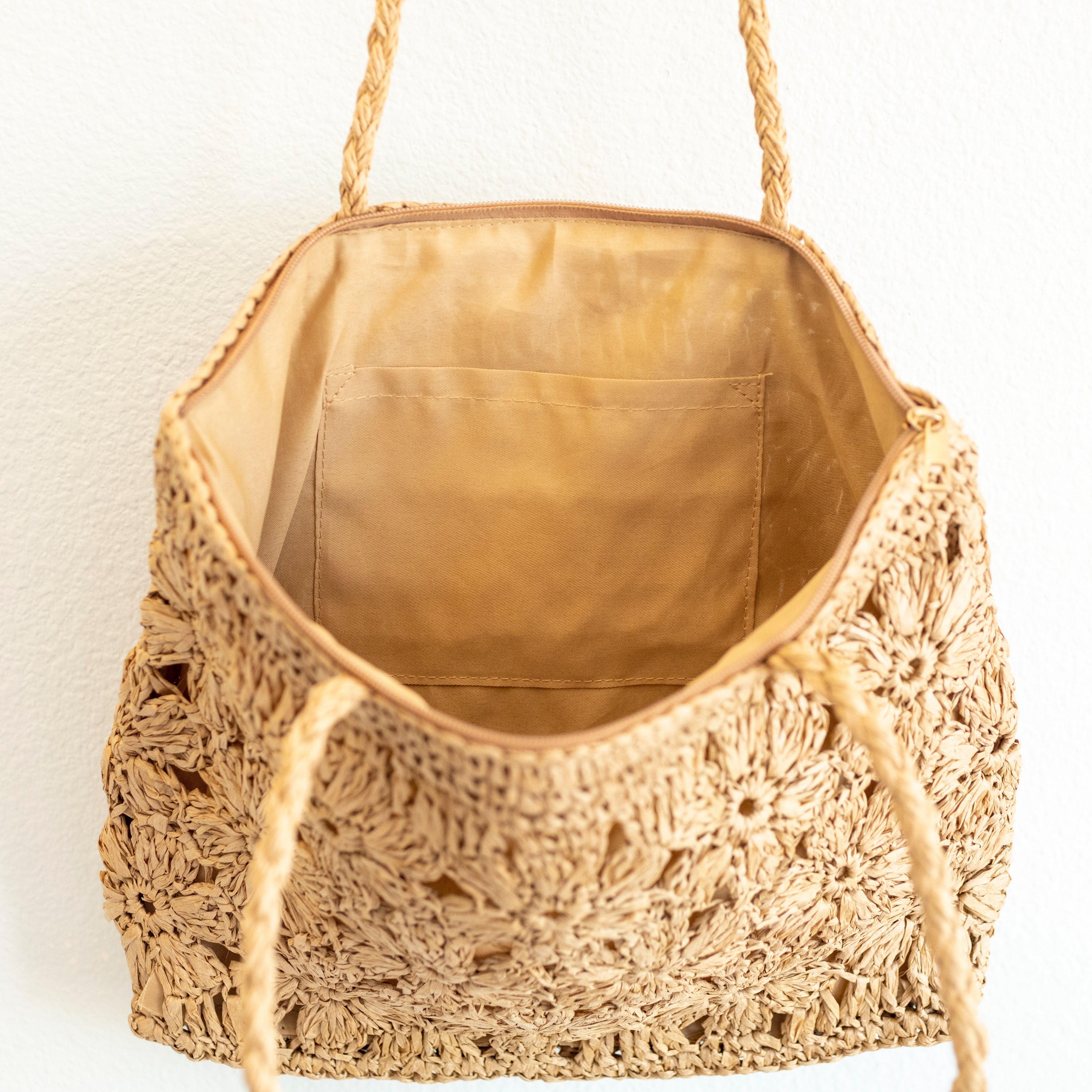 Straw Woven Tote with Floral Design